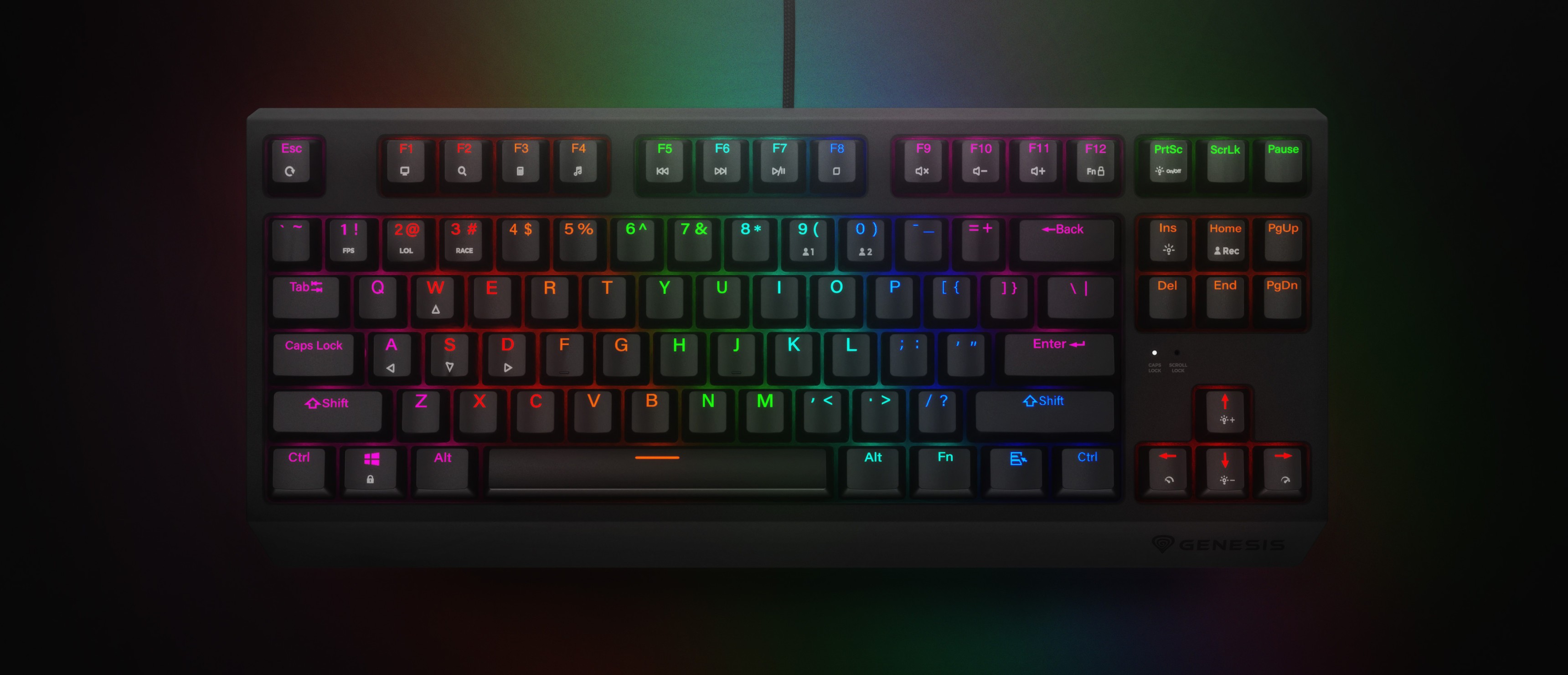 Teclado para juegos con un diseño TKL compacto, con retroiluminación arco iris e interruptores Outemu Red. Teclas intercambiables en caliente para personalización