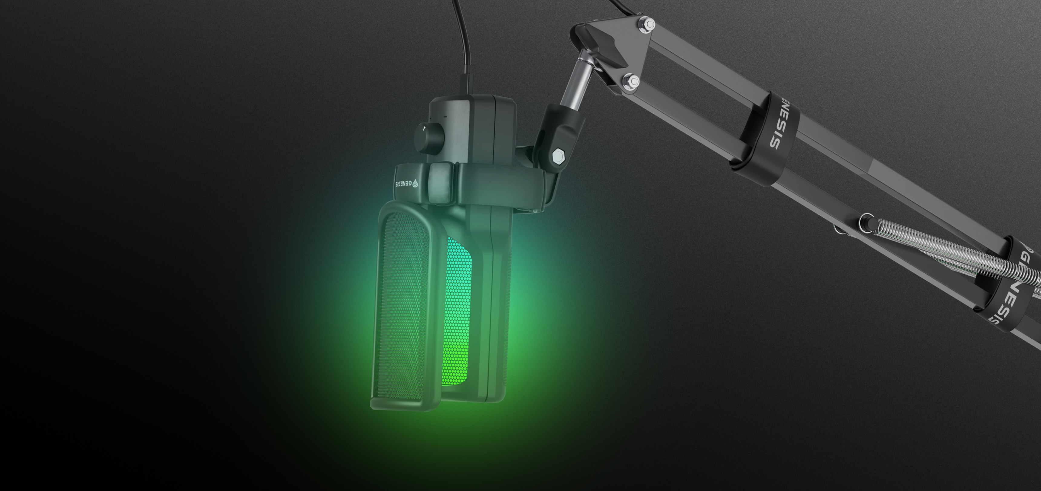 Micrófono USB montado en un brazo negro ajustable, con un panel iluminado en verde para información visual