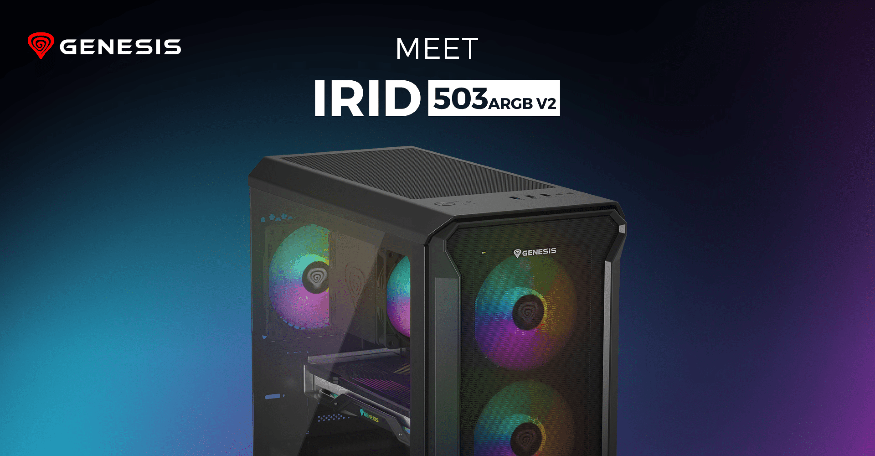 Minitorre MATX negra con panel lateral de cristal templado y ventiladores ARGB, que exhibe una iluminación vibrante y un diseño moderno
