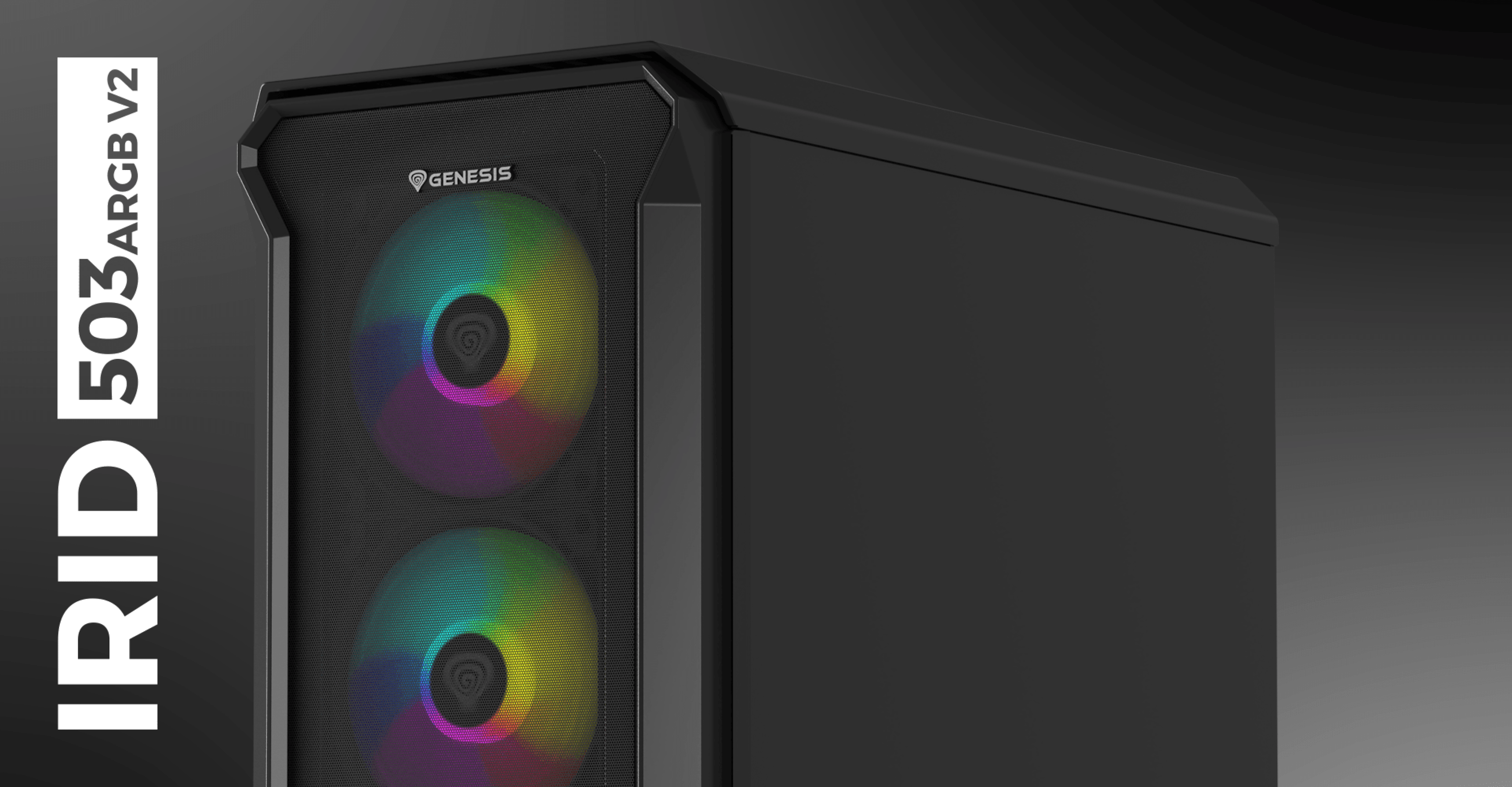Minitorre negra con panel lateral de cristal y dos ventiladores RGB frontales, etiquetados como Genesis IRID 503 ARGB V2