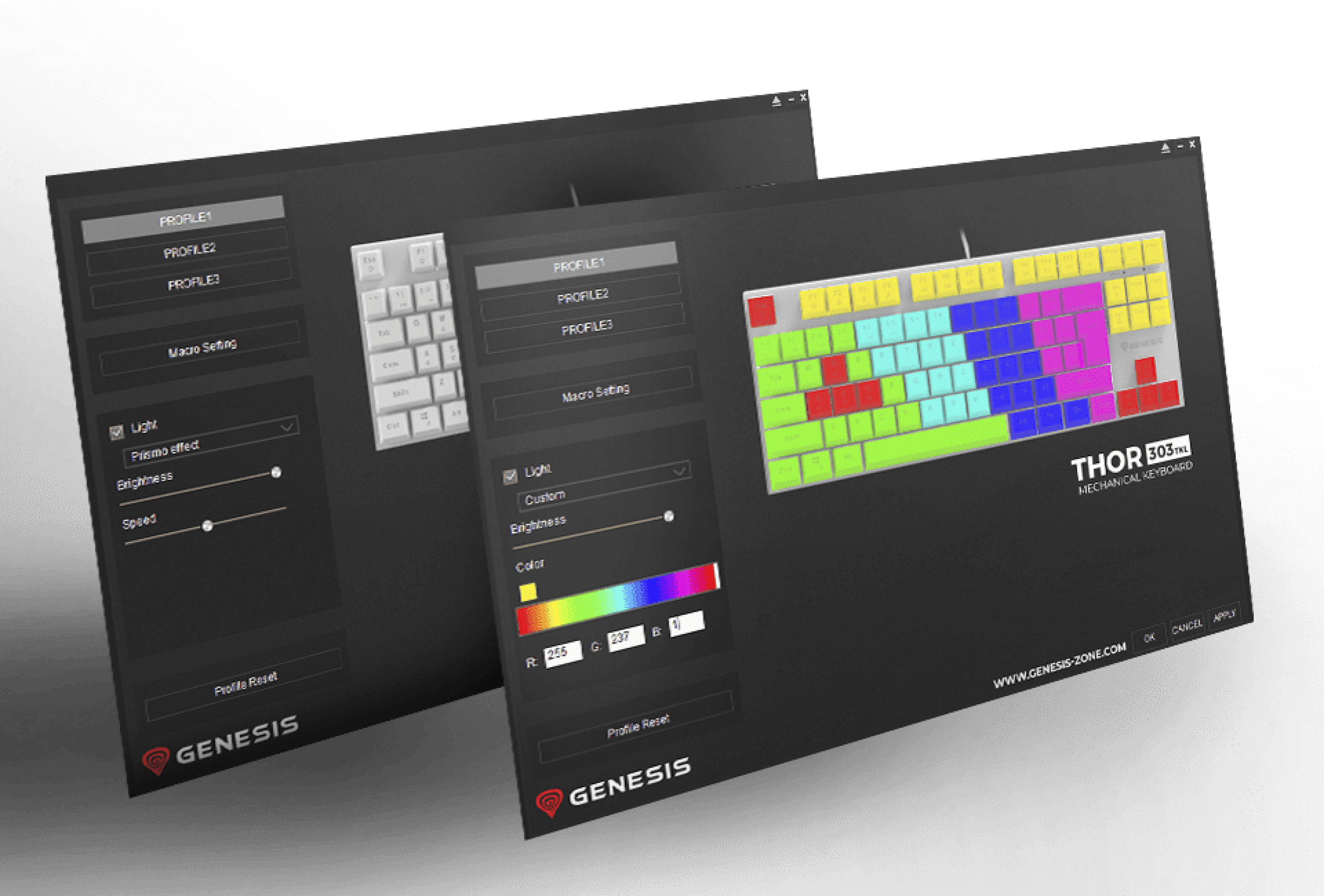 Interfaz de software para el teclado Genesis Thor 303, que muestra las opciones de personalización de la iluminación RGB y los ajustes del perfil