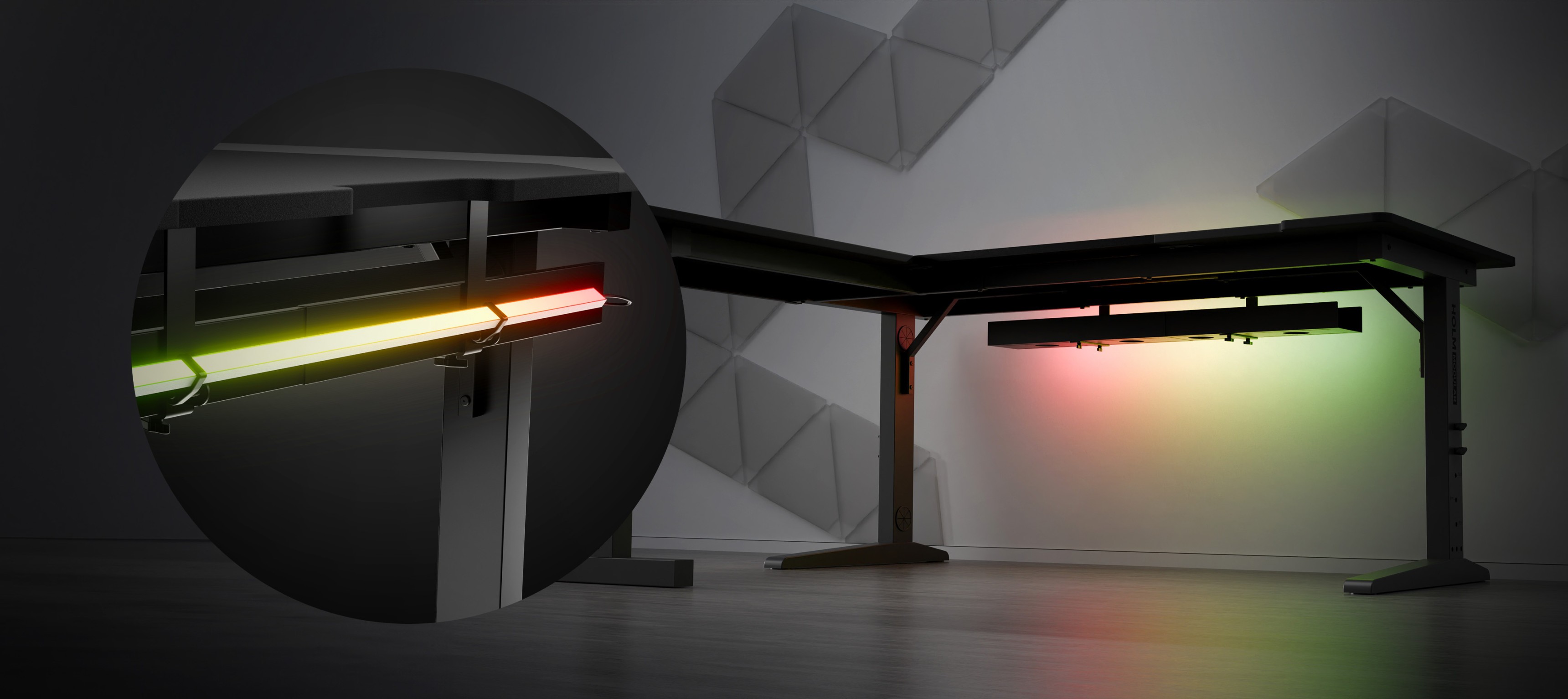 Escritorio esquinero para juegos de diseño modular, con iluminación LED regulable y una estética elegante y moderna