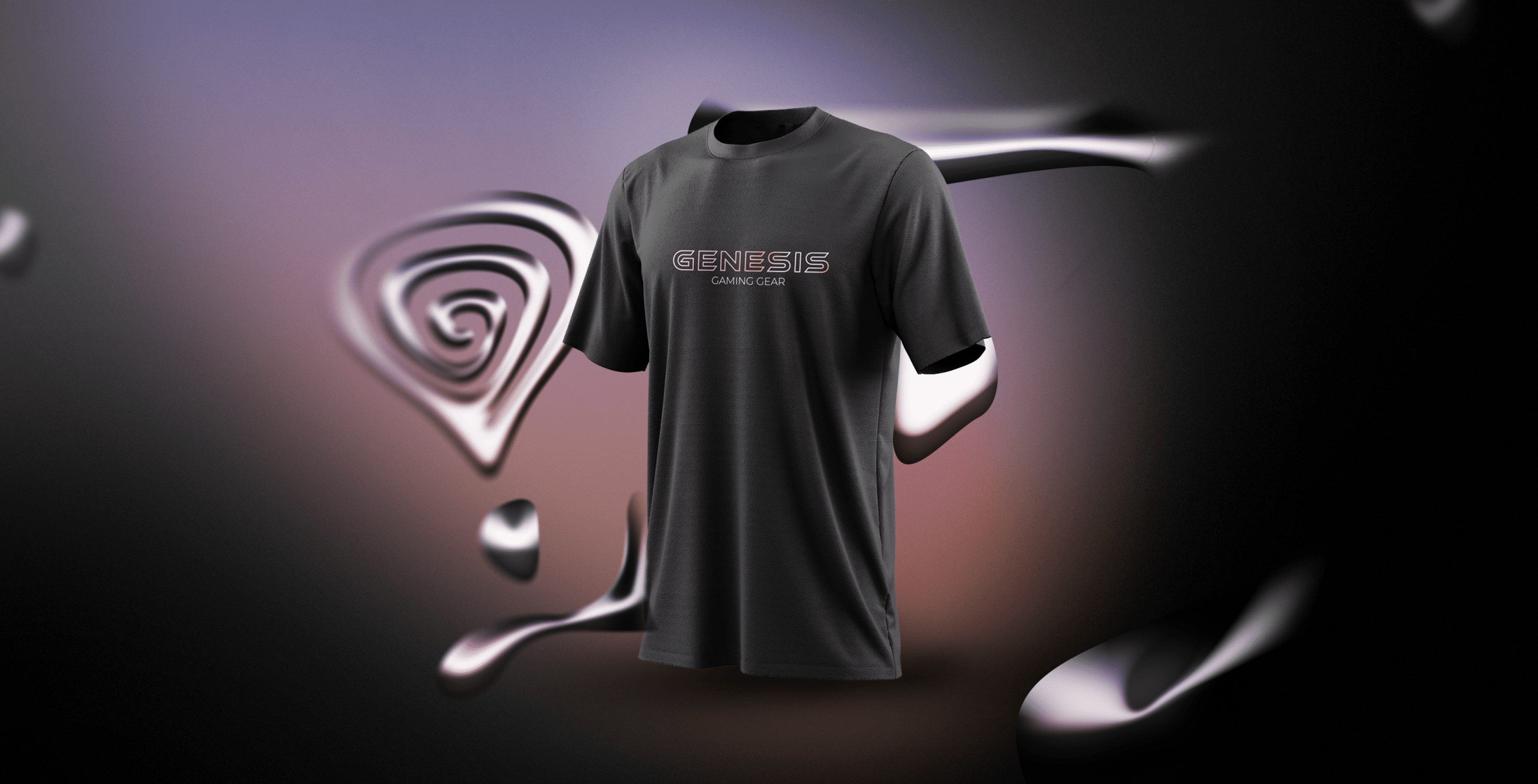 Camiseta negra con el logotipo "GENESIS" en estilo holográfico reflectante sobre fondo degradado