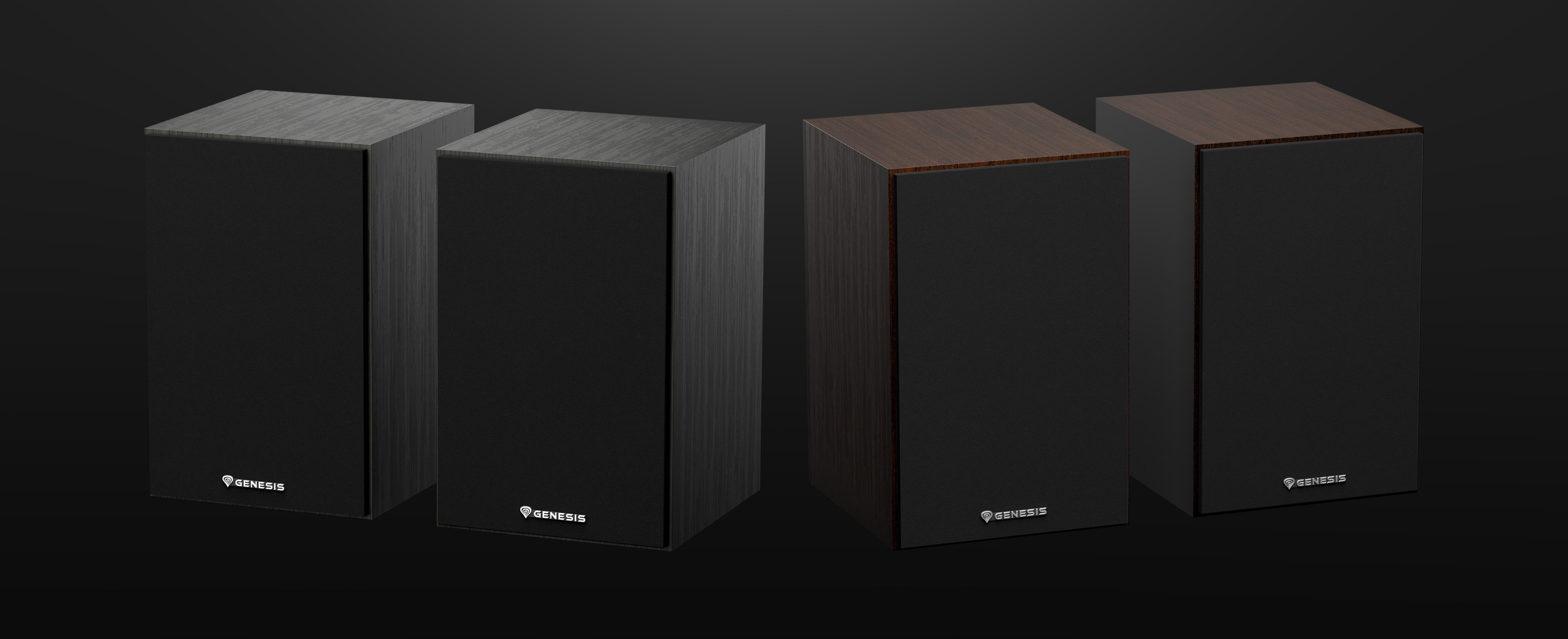 Dos pares de altavoces Genesis Arsen 302BT en acabados negro y madera oscura, expuestos sobre un fondo oscuro