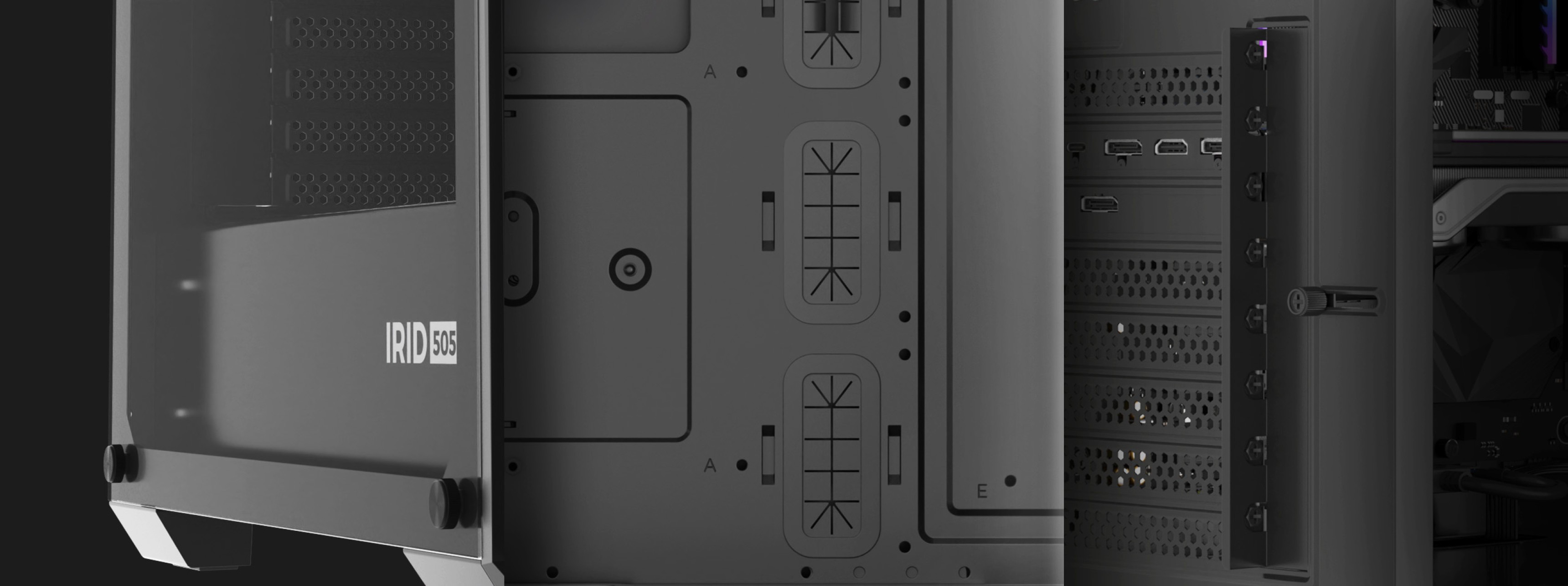 Caja torre midi Genesis IRID 505F negra con panel lateral transparente, que muestra los puertos y las funciones de gestión de cables