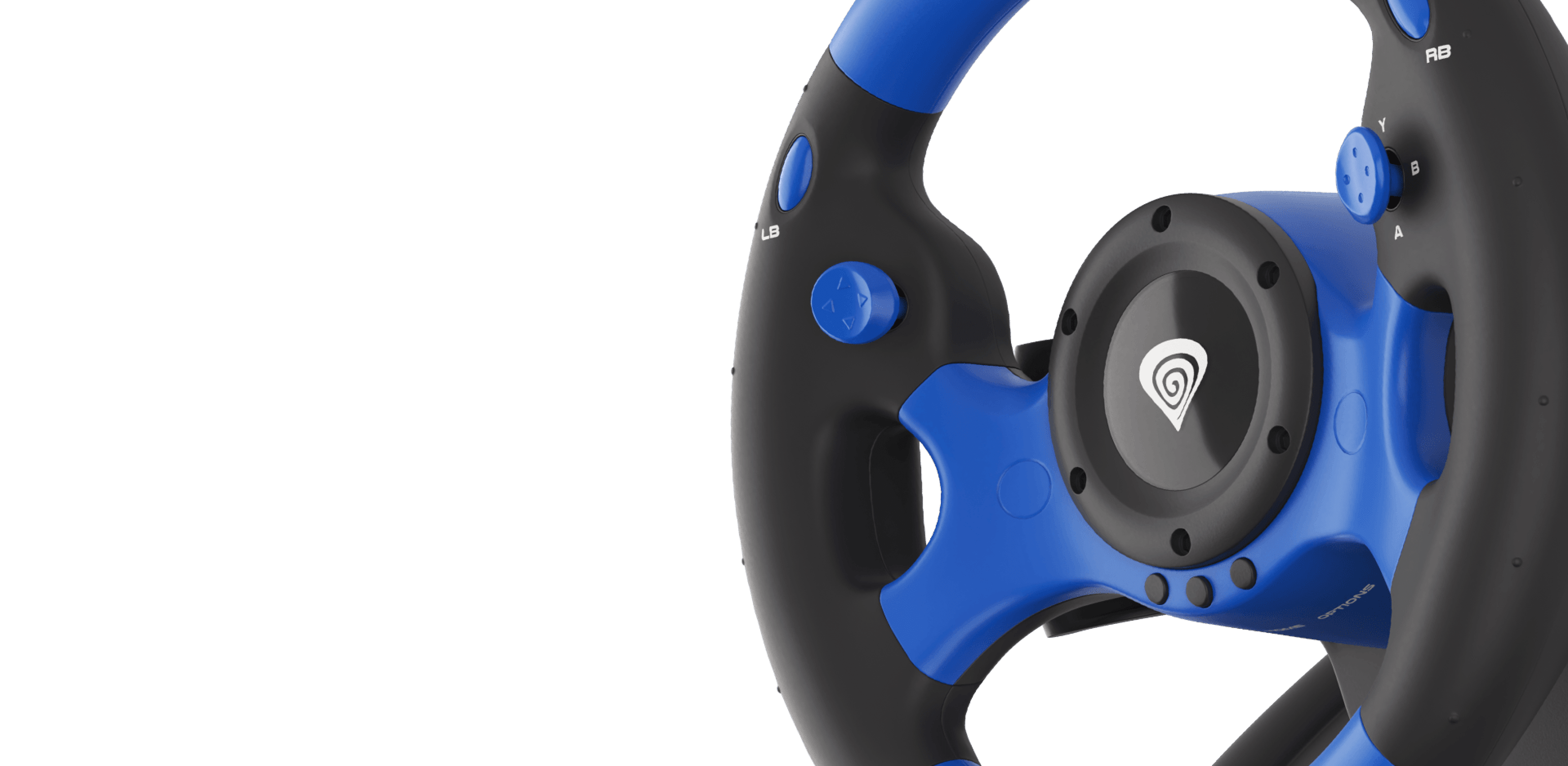 Volante para juegos multiplataforma en azul y negro, con botones y empuñaduras para mejorar la experiencia de juego