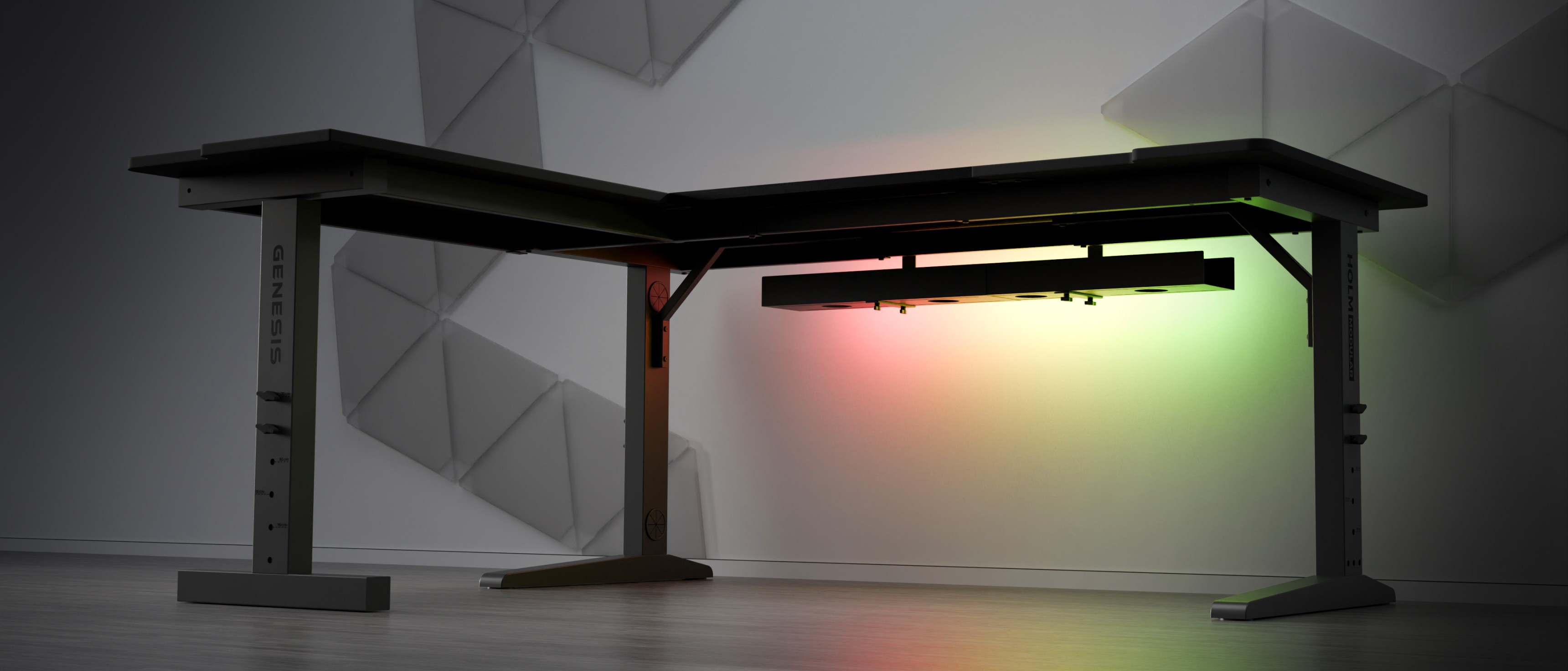 Escritorio de esquina para juegos Genesis Holm Modular 160, con un diseño elegante e iluminación LED debajo