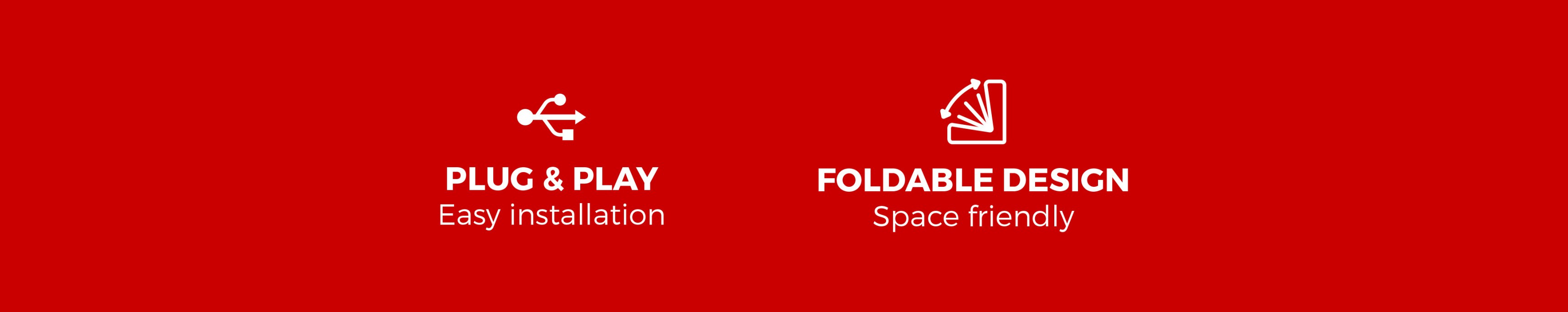Iconos que destacan las características del cargador Genesis Tin 300: "Plug &amp; Play" para facilitar la instalación y "Diseño plegable" para ahorrar espacio