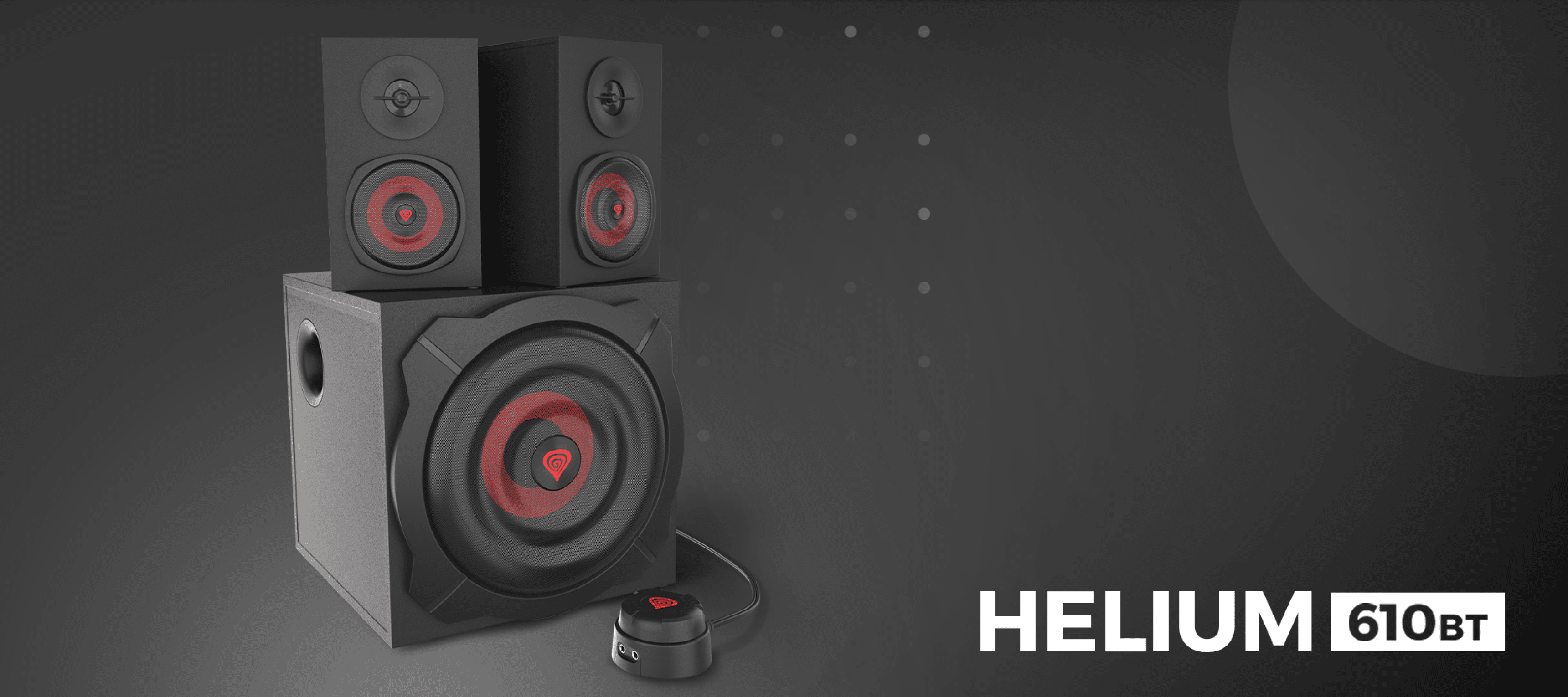 Altavoces Genesis Helium 610BT negros con sistema 2.1 y mando a distancia con cable, diseñados para una potencia de 60 W RMS