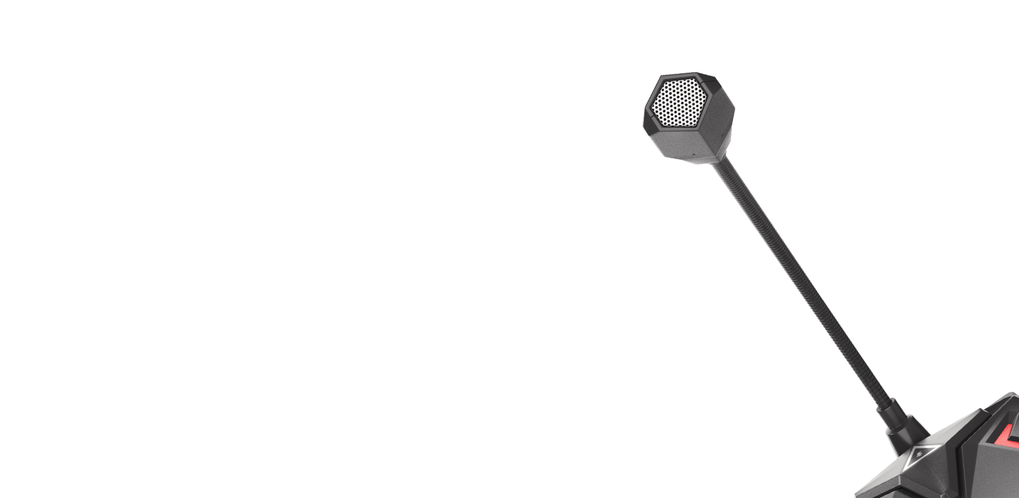 Micrófono negro con cabeza hexagonal y brazo flexible, colocado sobre un soporte, diseñado para juegos o streaming