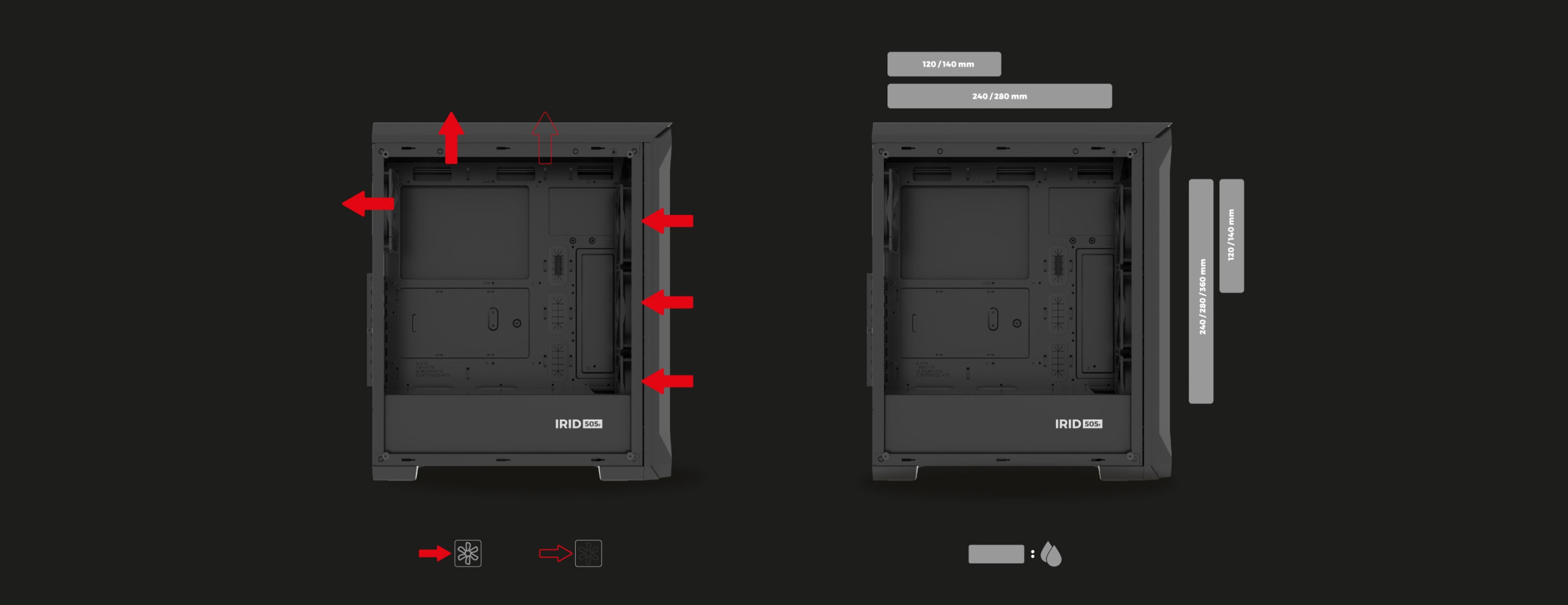 Caja torre MIDI negra Genesis Irid 505F con ventana transparente, que muestra la disposición interna y los puntos de montaje de los componentes