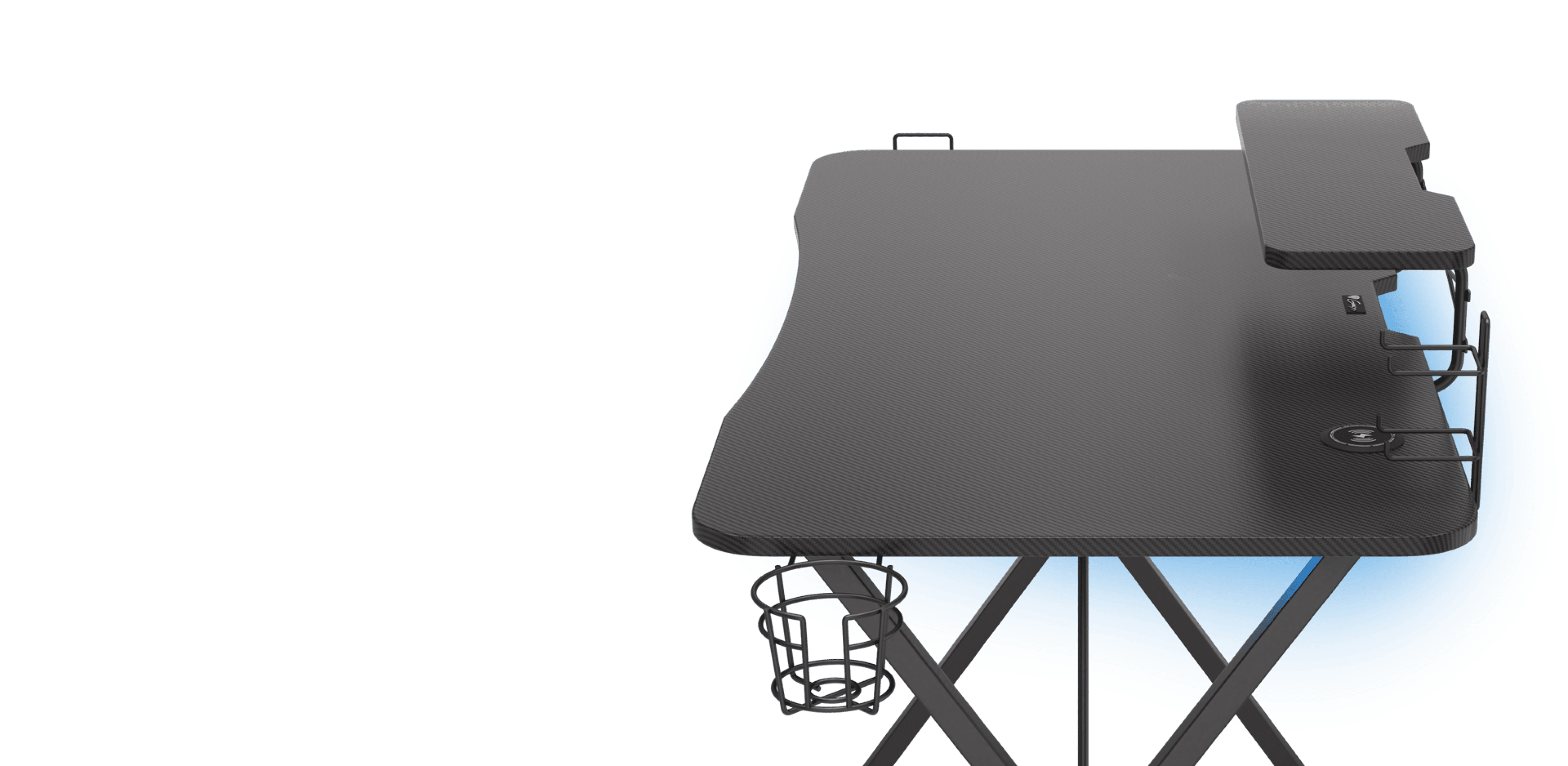 Mesa de juego negra de diseño ergonómico, con iluminación RGB y espacio para guardar accesorios