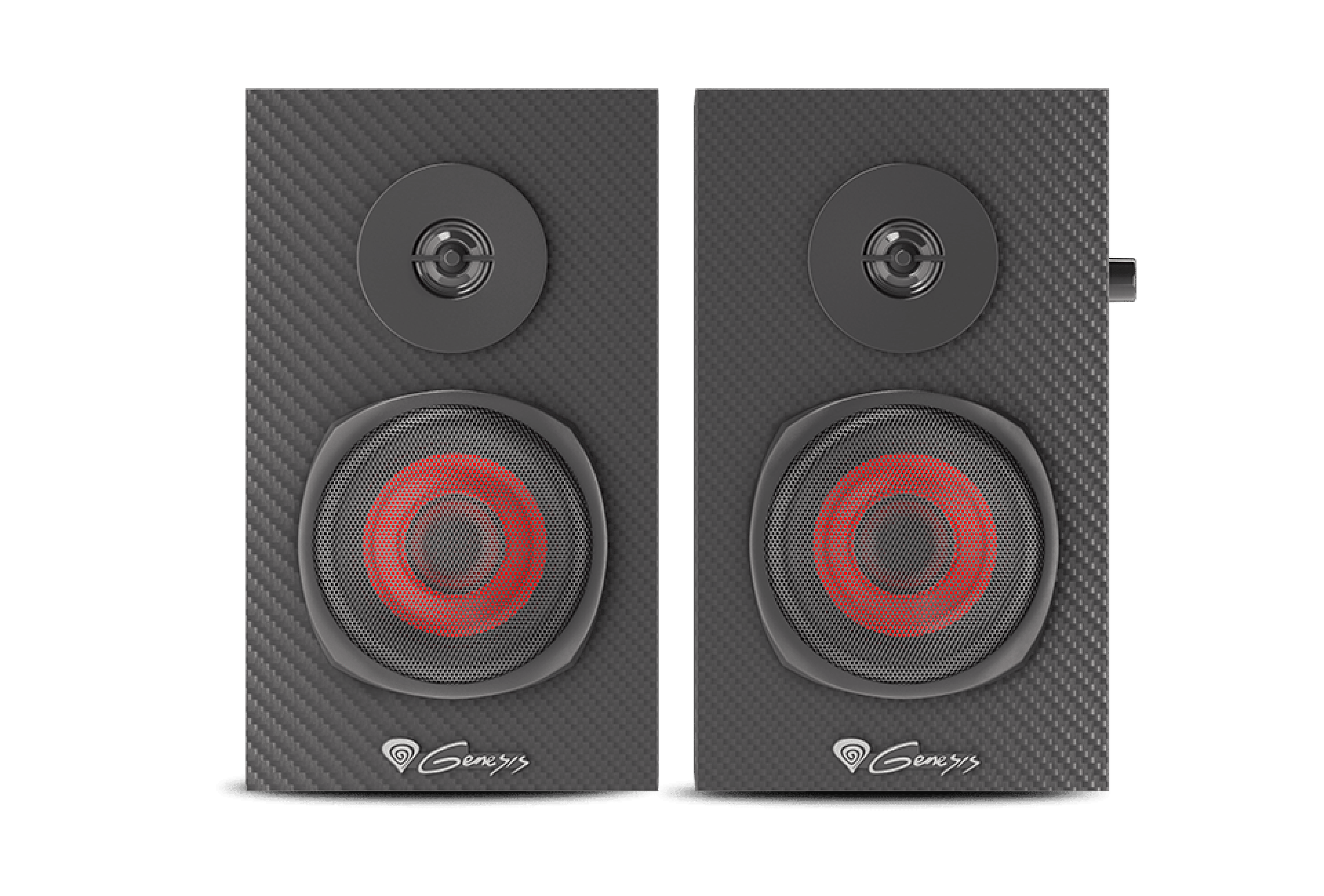 Altavoces dobles negros de Genesis Helium 200, con un diseño elegante con detalles rojos y superficies texturizadas
