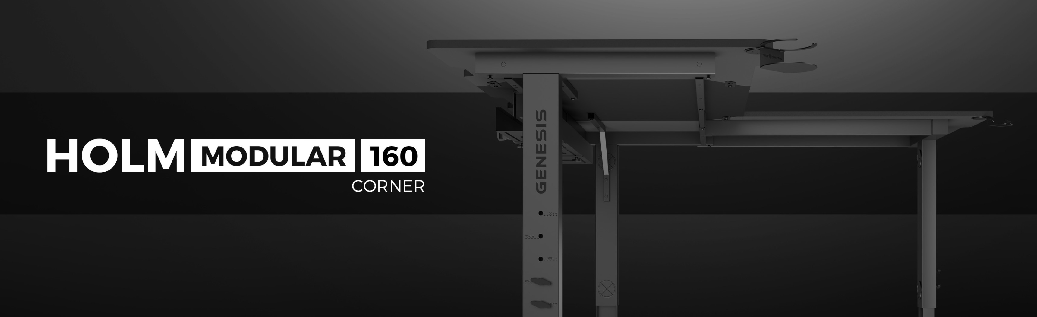 Escritorio esquinero para juegos de diseño elegante, con una estructura robusta y configuración modular, etiquetado como GENESIS HOLM MODULAR 160