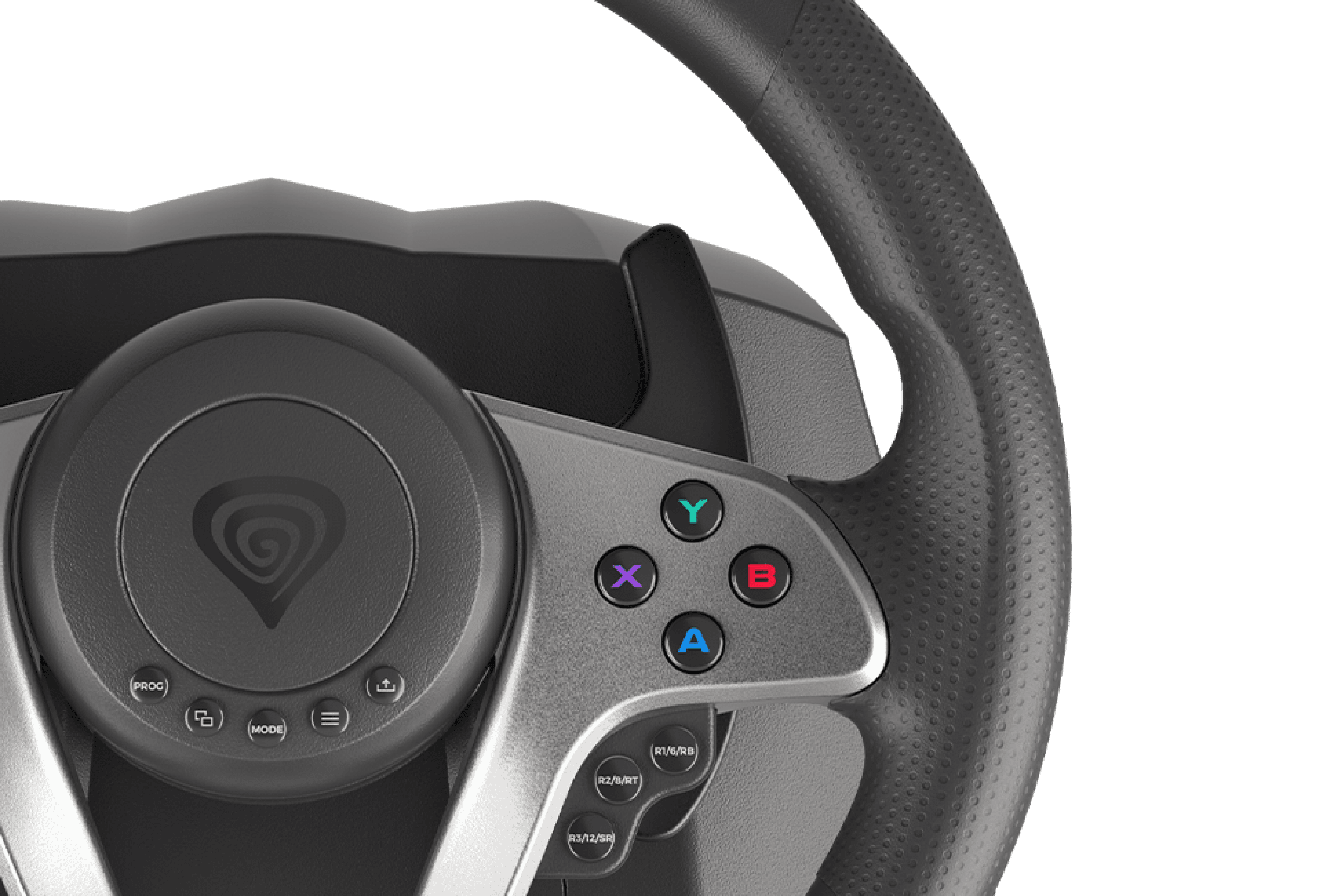 Volante de carreras con un diseño negro y plateado con botones de control etiquetados como A, B, X, Y y un logotipo central