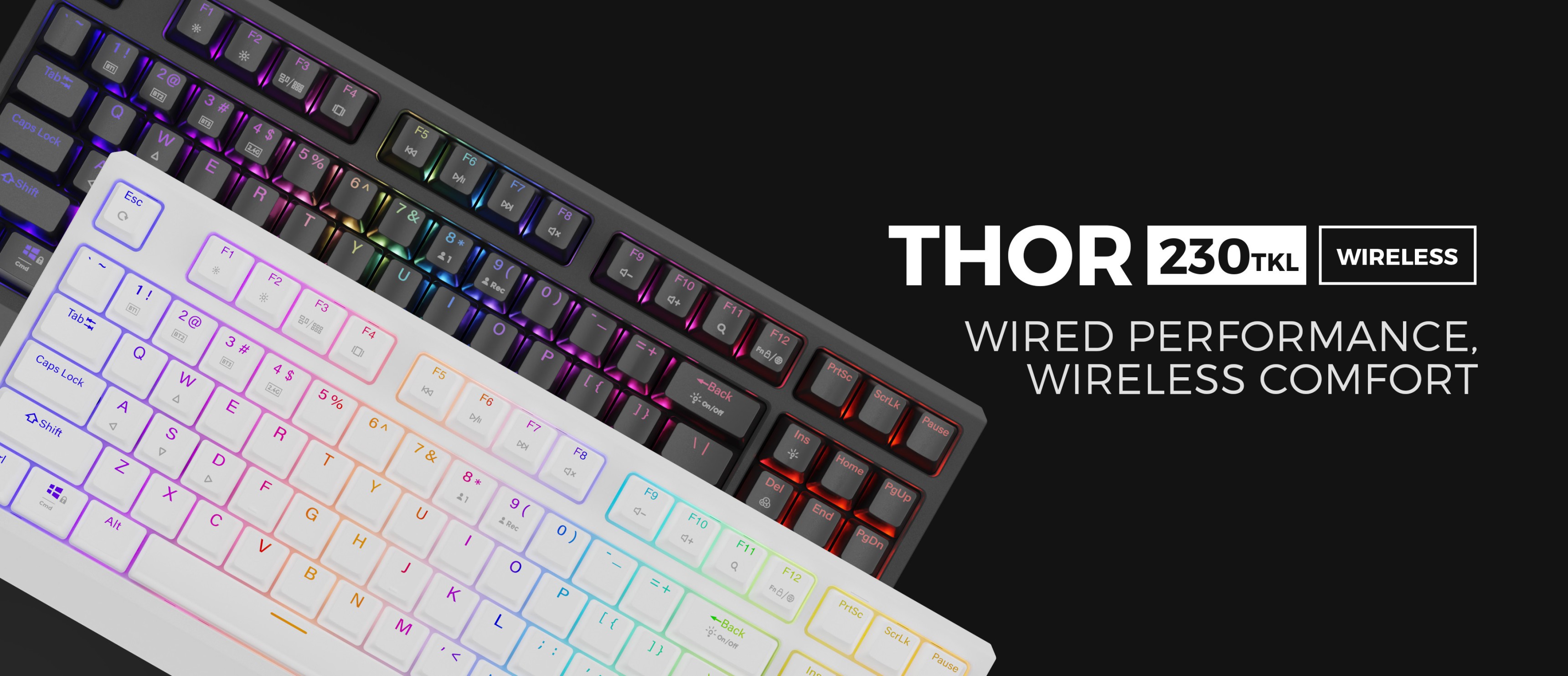Teclado mecánico inalámbrico para juegos con retroiluminación RGB, con un diseño TKL compacto en blanco y negro