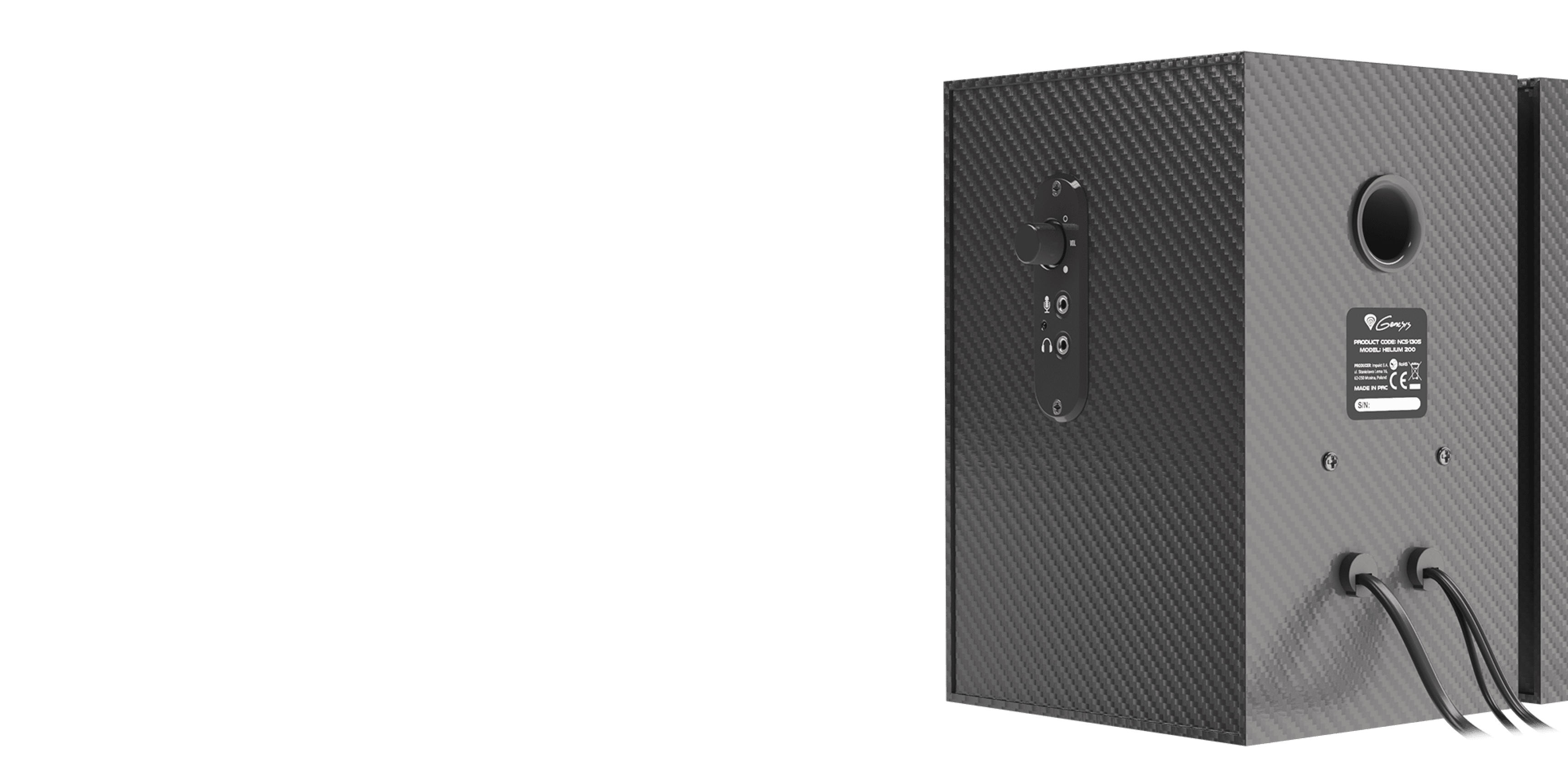 Altavoces negros Genesis Helium 200 2.0 mostrando la vista trasera con los mandos de control y los puertos de conexión