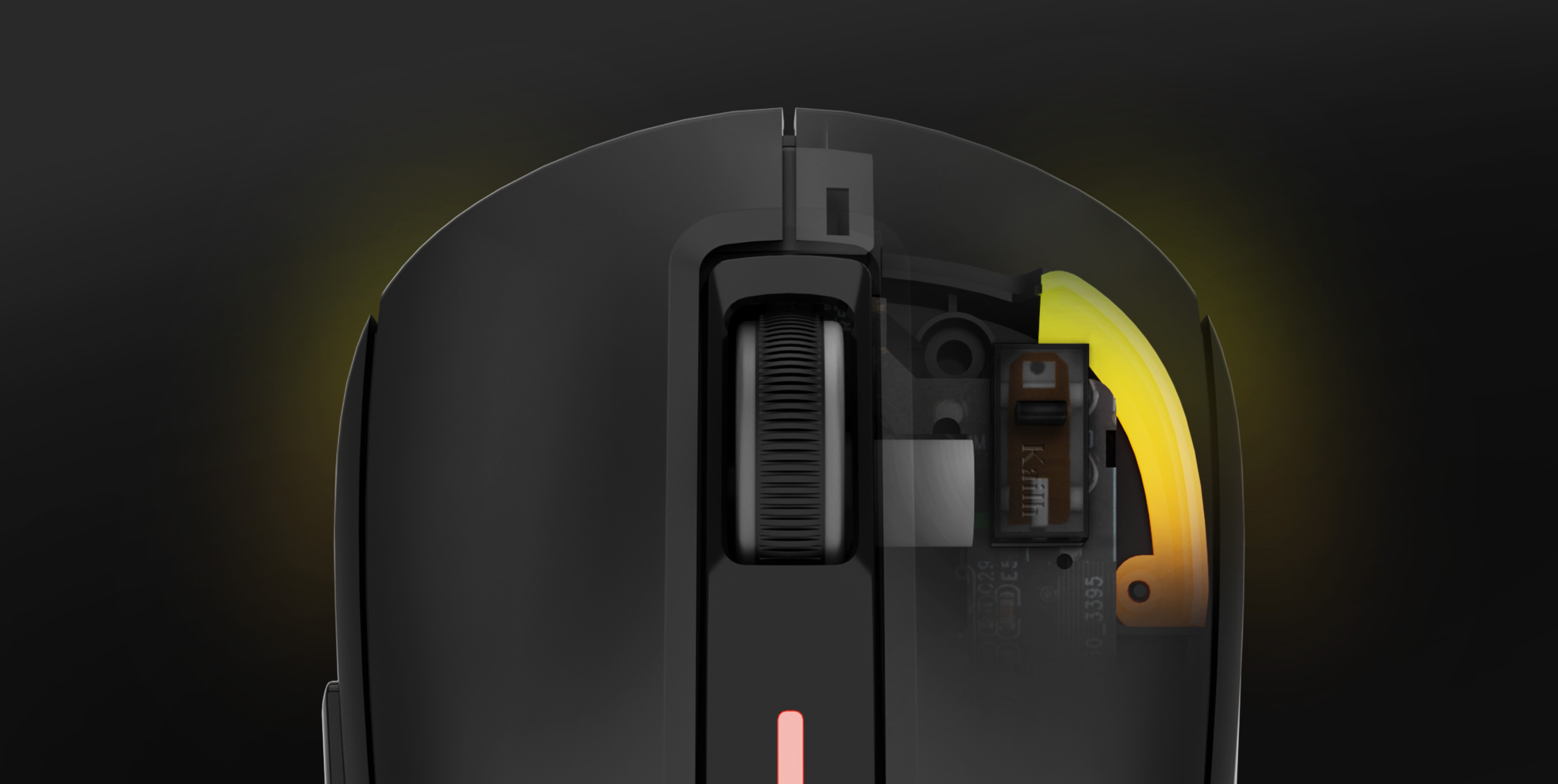 Primer plano del ratón inalámbrico para juegos Genesis Zircon 660 Pro, destacando los componentes internos y la iluminación LED