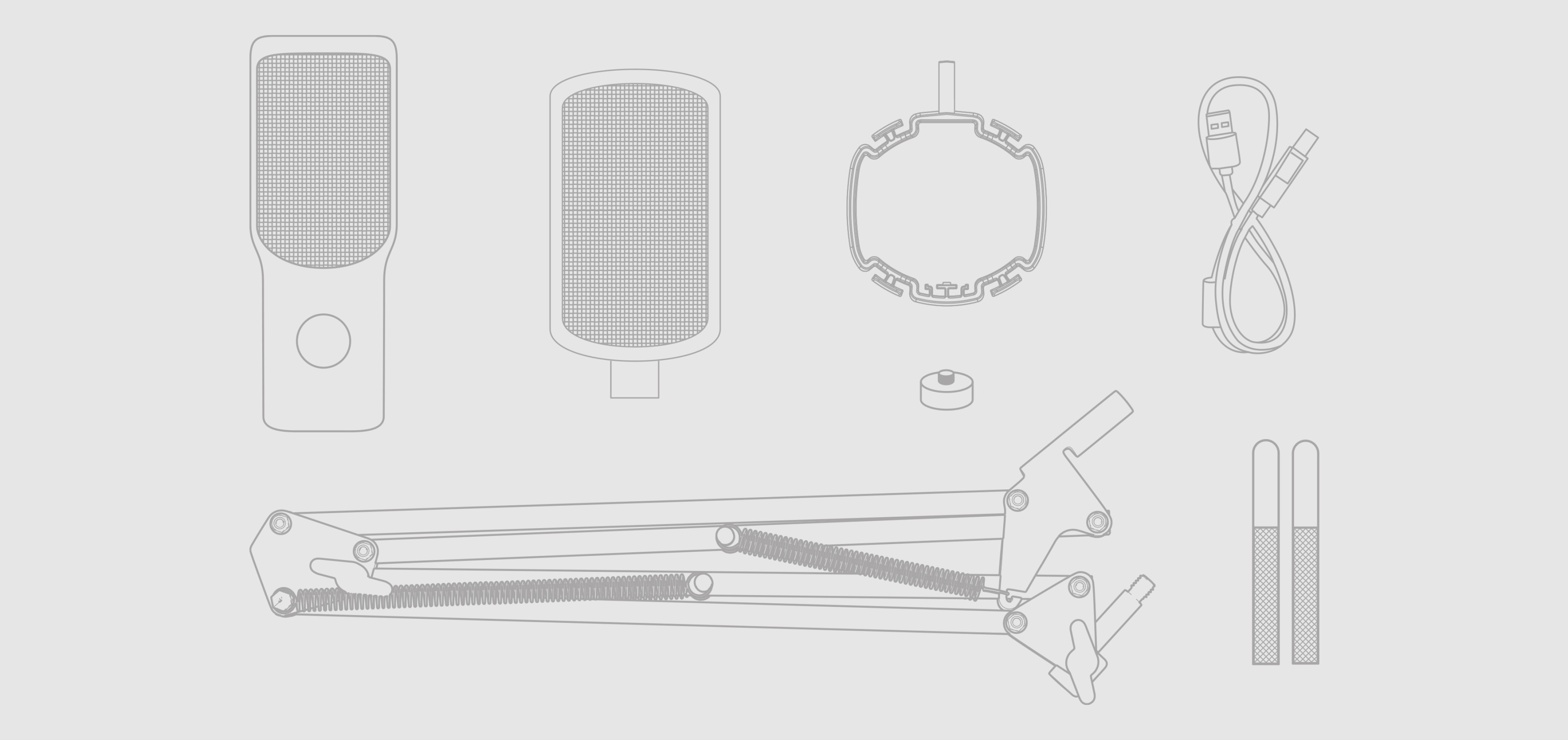 Set de micrófono que incluye el micrófono USB Genesis Radium 251, brazo, soporte antivibratorio, cable y tornillos para su instalación