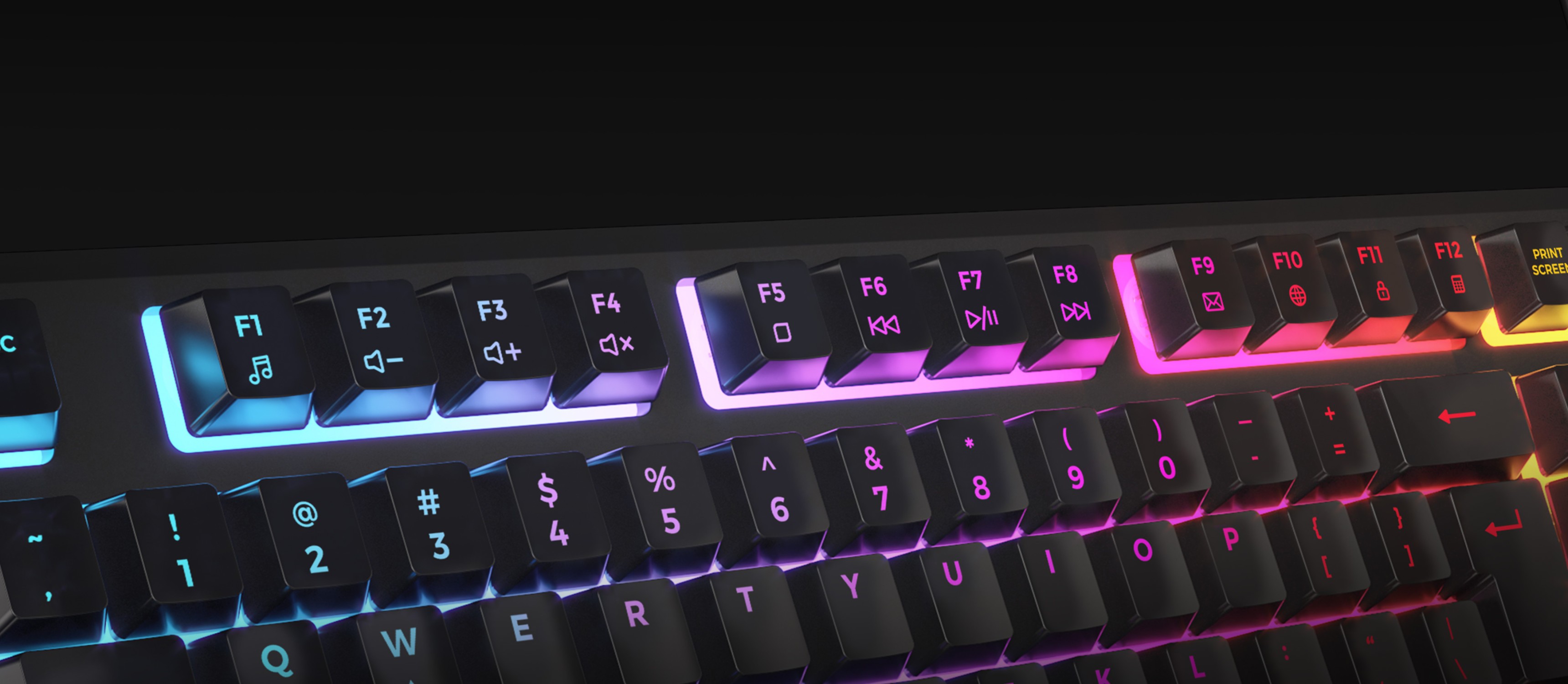 Teclado para juegos RGB con retroiluminación personalizable, con colores vibrantes en las teclas y controles multimedia
