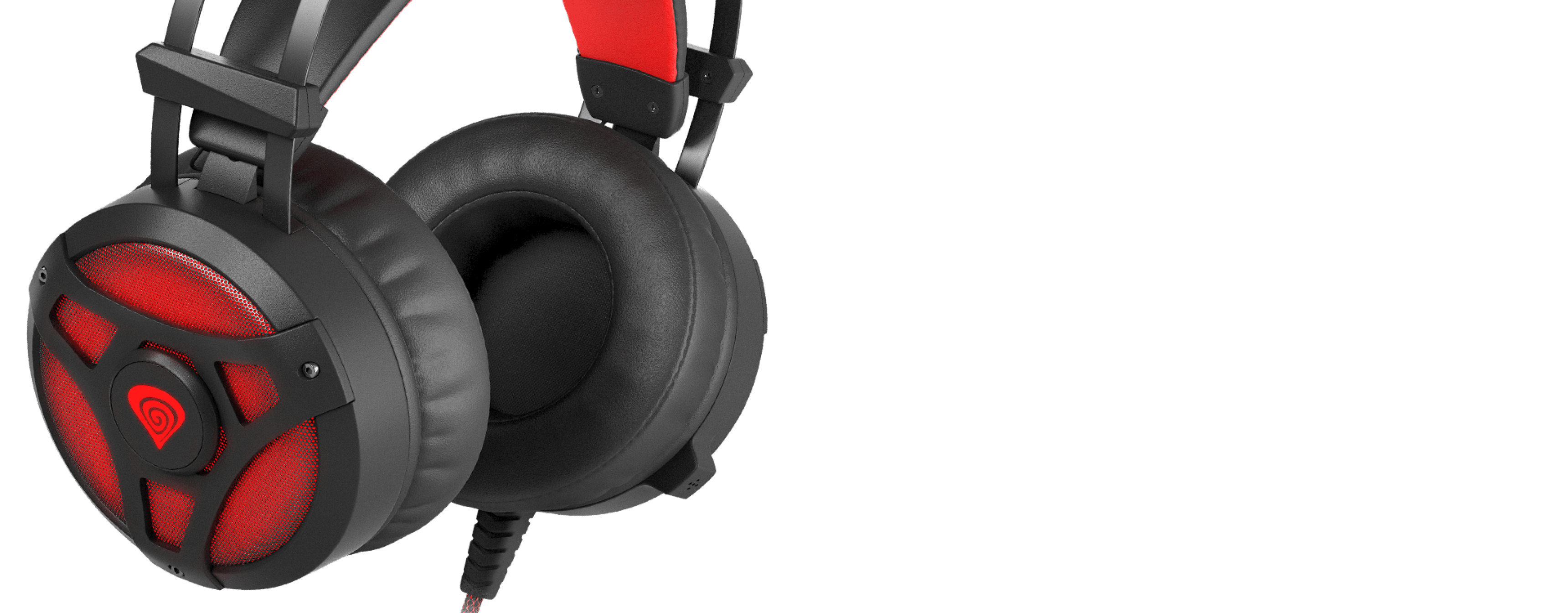 Auriculares over-ear negros y rojos con micrófono integrado y diseño iluminado
