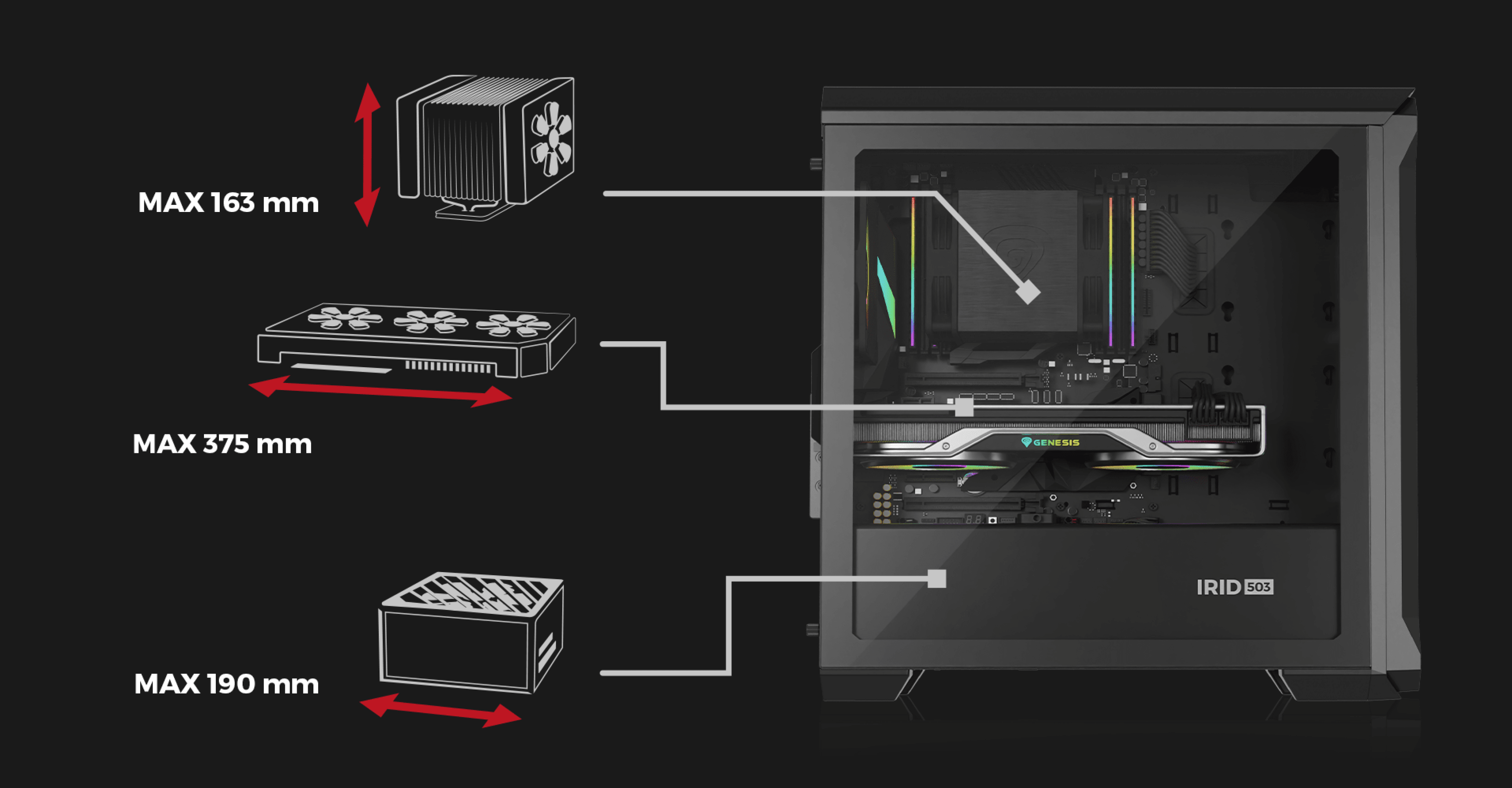 Minitorre Genesis Irid 503 ARGB V2 MATX negra que muestra los componentes internos con las especificaciones de altura y longitud máximas ilustradas