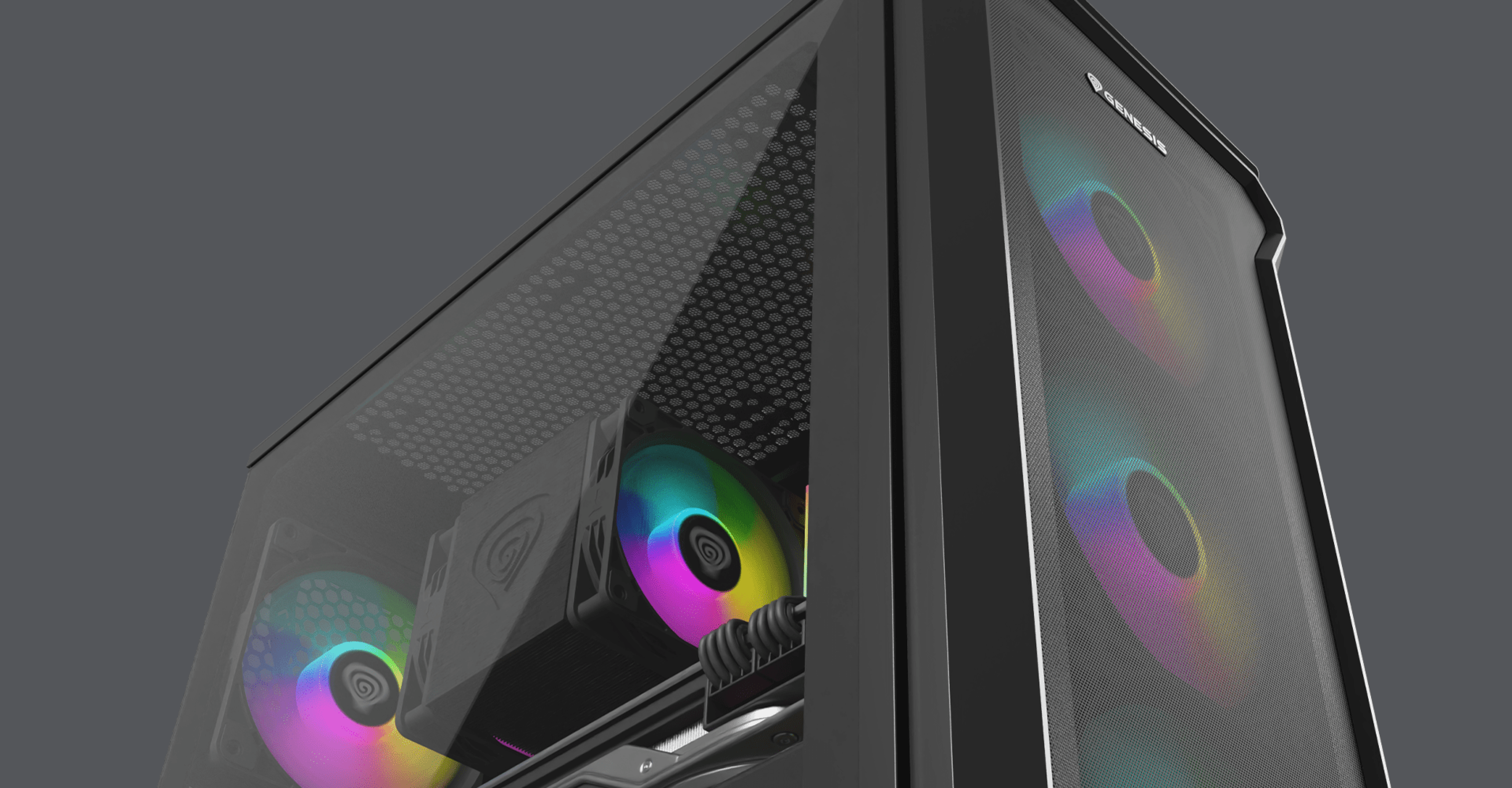 Minitorre de PC negra, Genesis Irid 503 ARGB V2, con panel lateral transparente y ventiladores RGB de colores