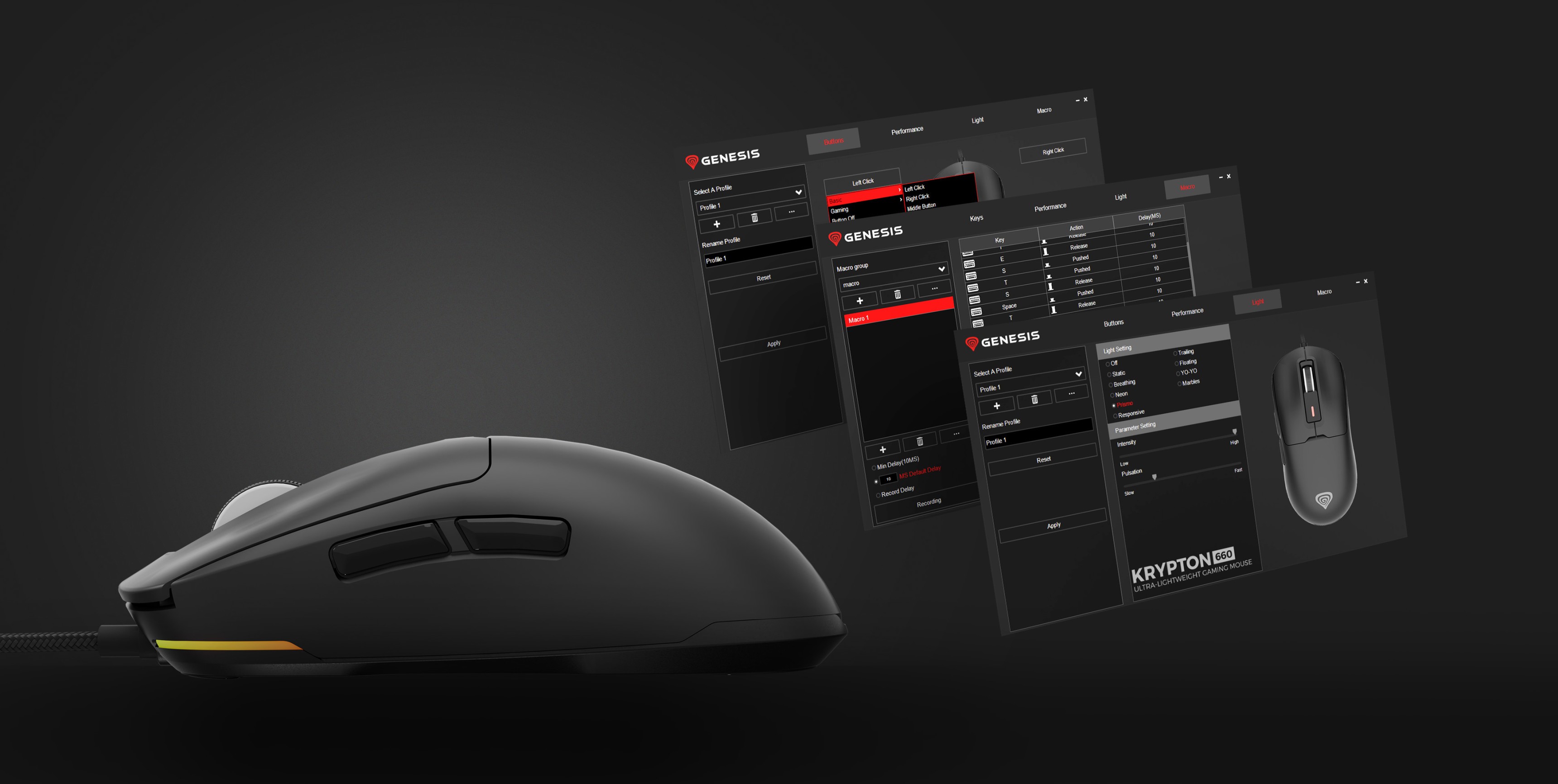 Ratón negro para juegos con iluminación RGB, que muestra los ajustes DPI ajustables y la interfaz del software sobre un fondo oscuro