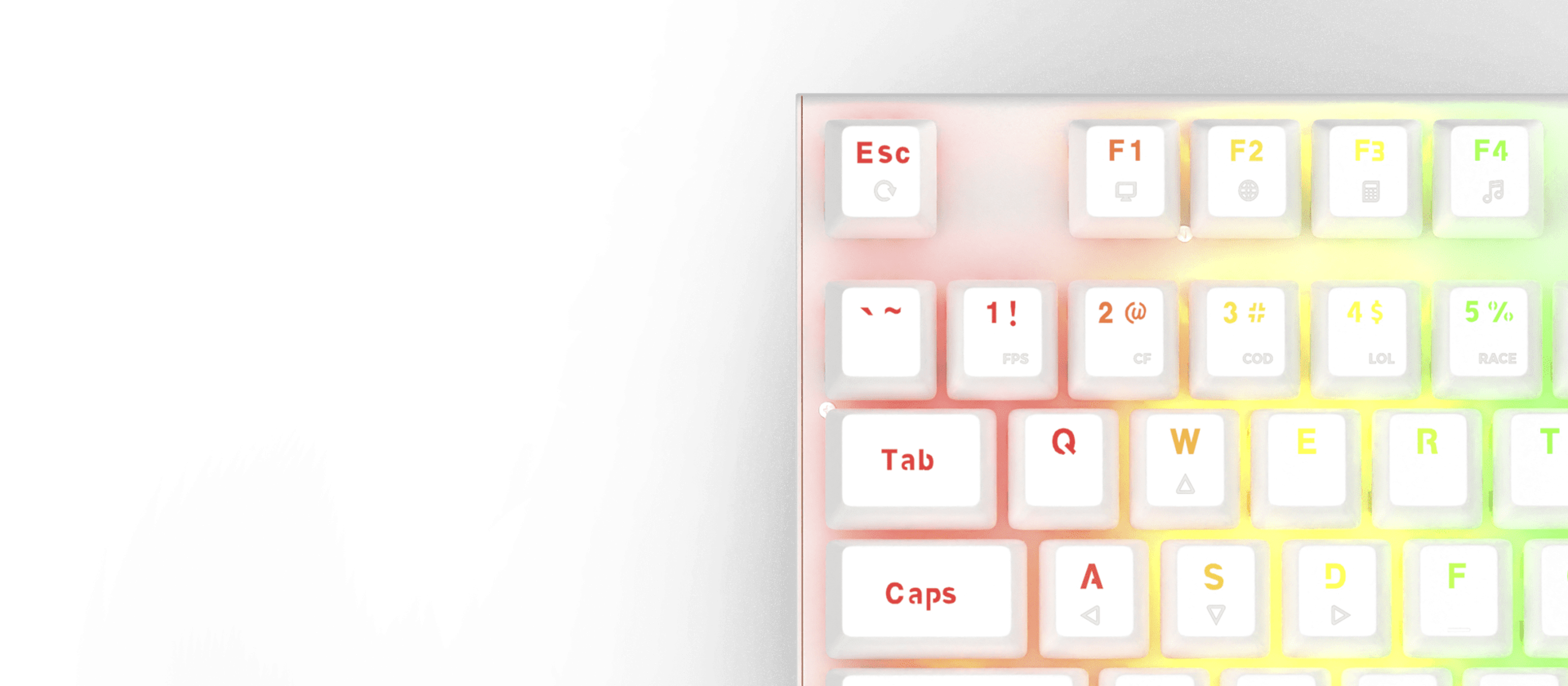 Teclado mecánico para juegos con teclas blancas, retroiluminación RGB y diseño intercambiable en caliente; teclas esenciales visibles