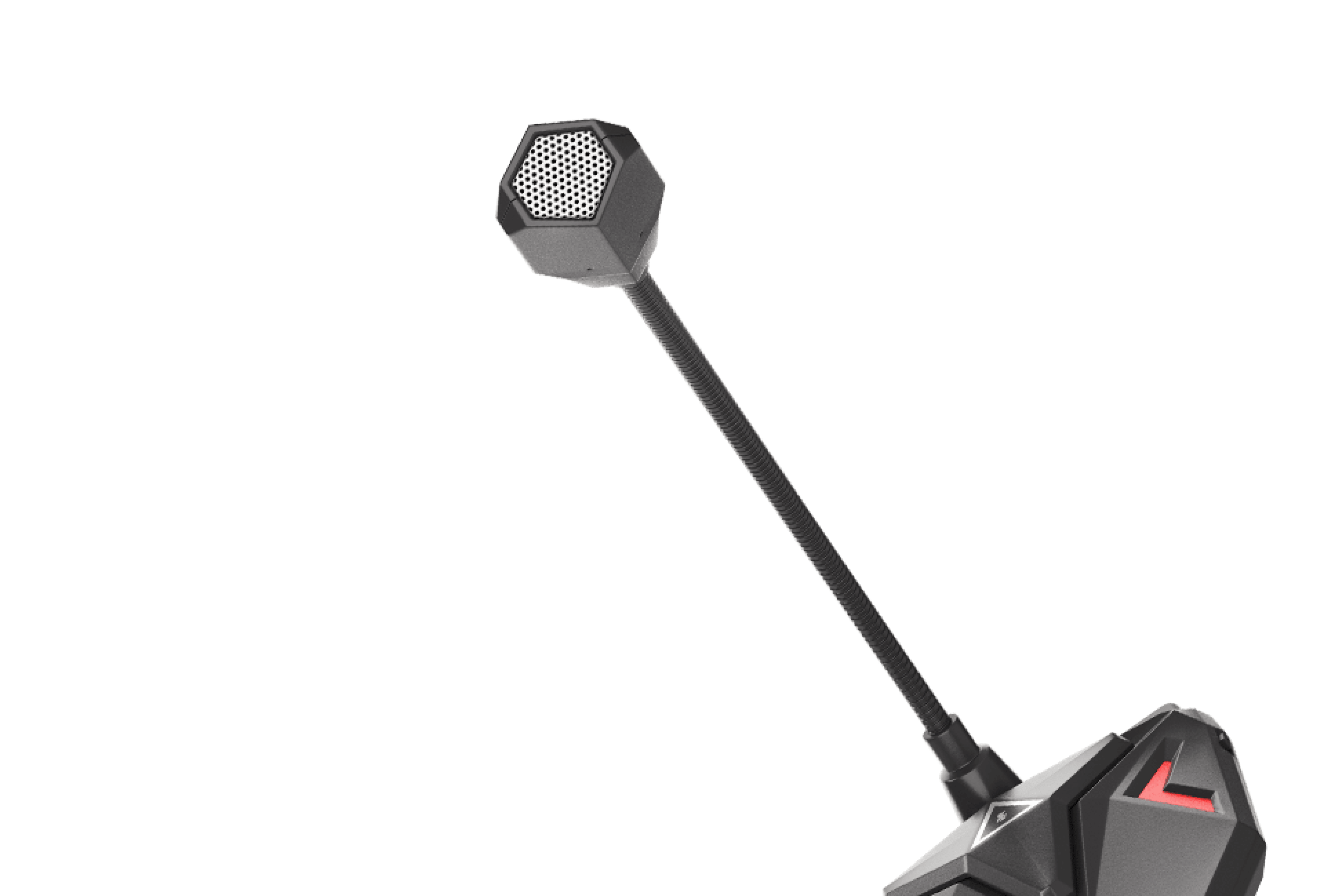 Micrófono negro con cabeza de malla hexagonal y brazo largo ajustable, diseñado para captar audio con claridad