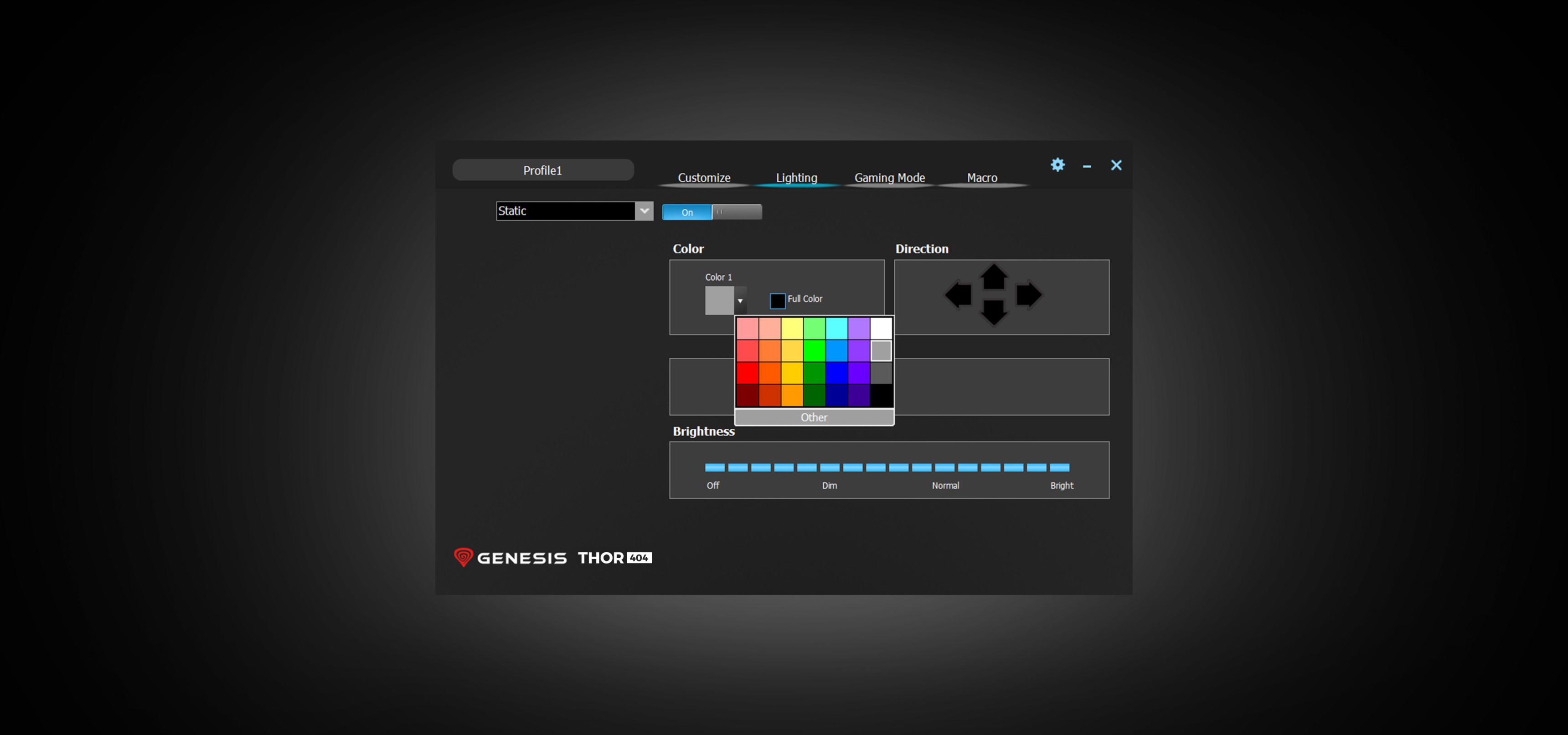 Interfaz de software para personalizar la iluminación RGB del teclado mecánico para juegos Genesis Thor 404. Incluye una paleta de colores y ajustes de brillo