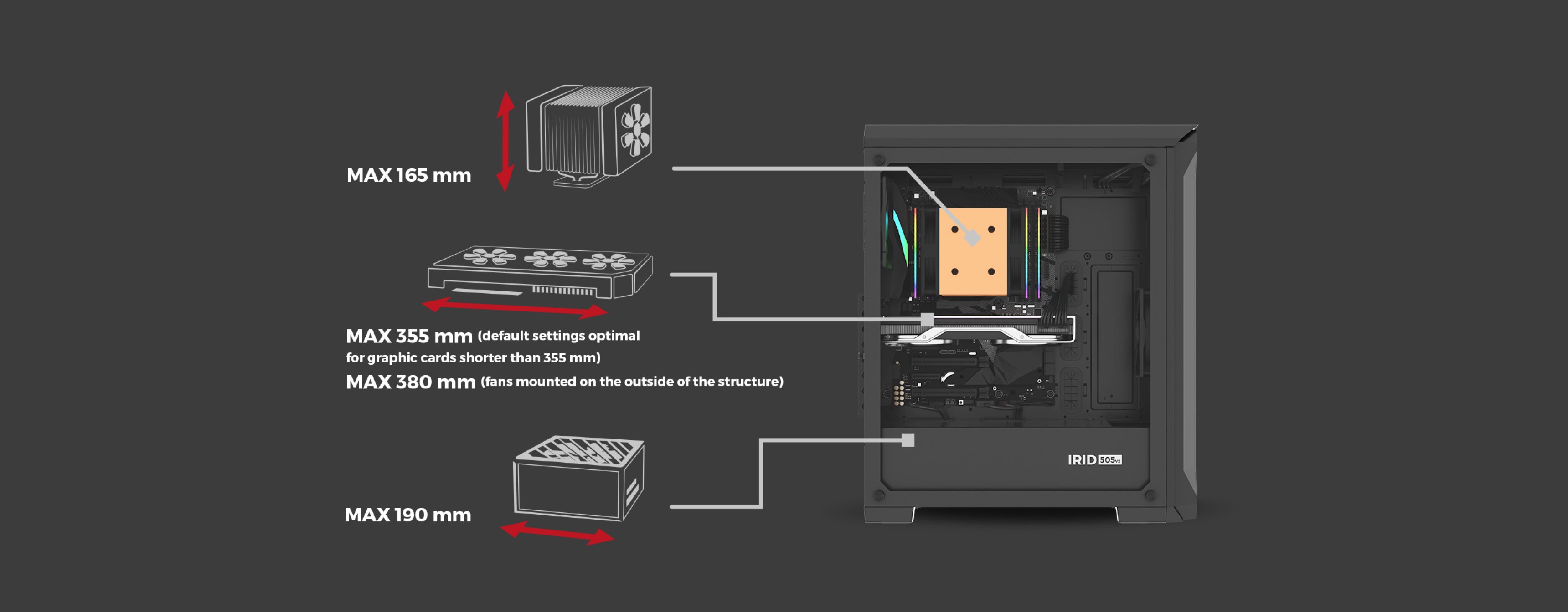 Caja torre MIDI con ventana, con especificaciones de los tamaños máximos de los componentes: Dimensiones del refrigerador de la CPU, la GPU y la fuente de alimentación