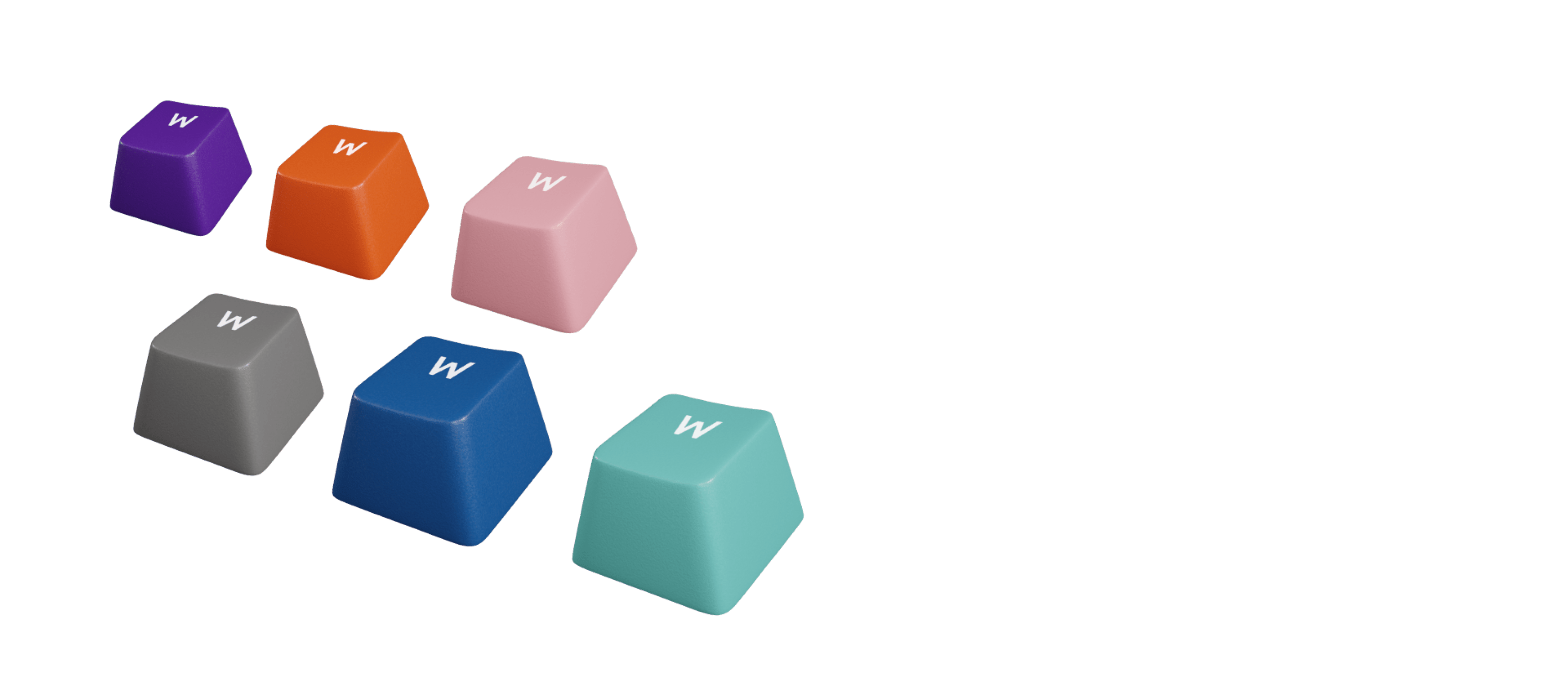 Coloridas teclas de doble disparo en varios tonos: morado, naranja, rosa, gris, azul y verde azulado, con la letra "W".