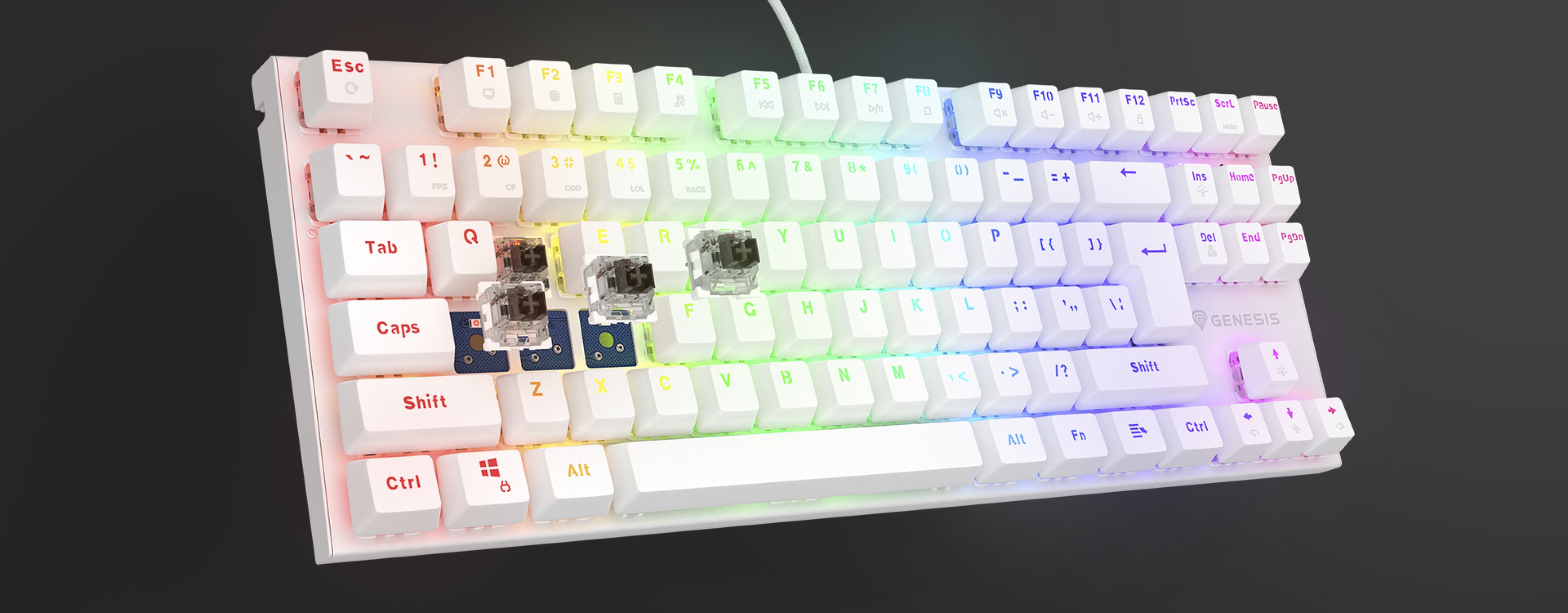 Teclado mecánico compacto con retroiluminación RGB, con teclas blancas e interruptores marrones, ideal para jugadores