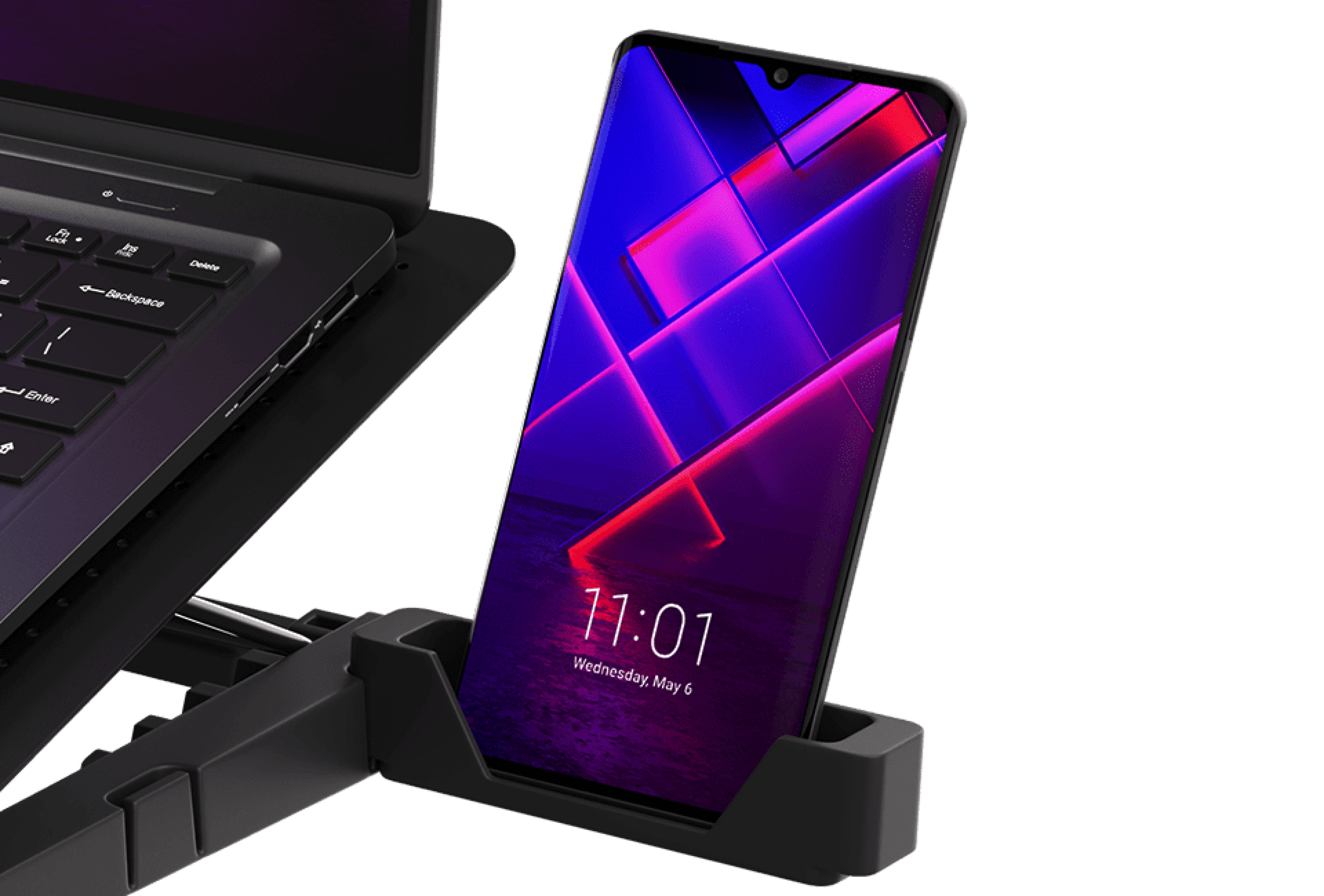 Almohadilla de refrigeración para portátil con iluminación RGB, ventilador y dos puertos USB; incorpora un soporte para un smartphone