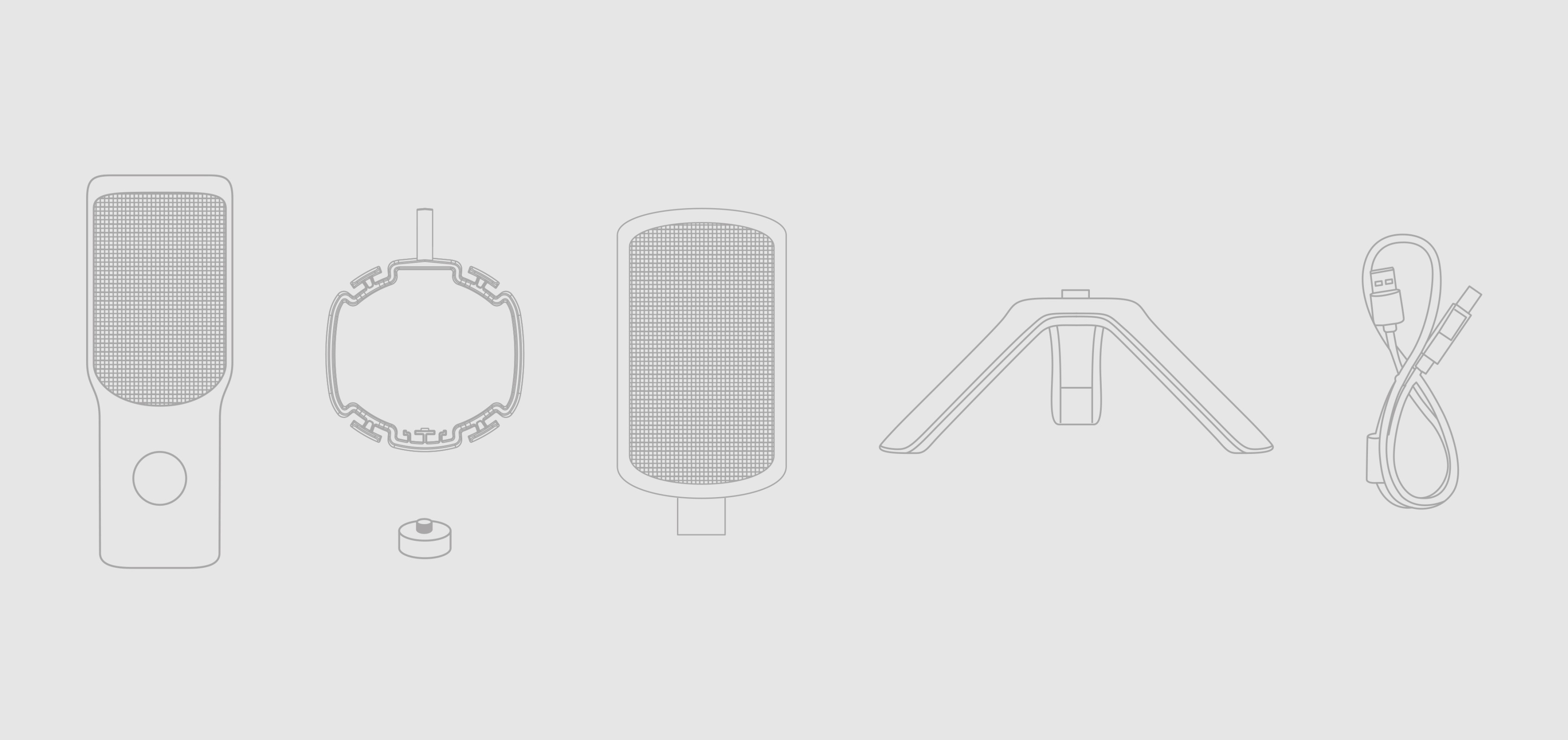 Set de micrófono USB negro que incluye el micrófono, el soporte antivibratorio, el pie, el adaptador y el cable