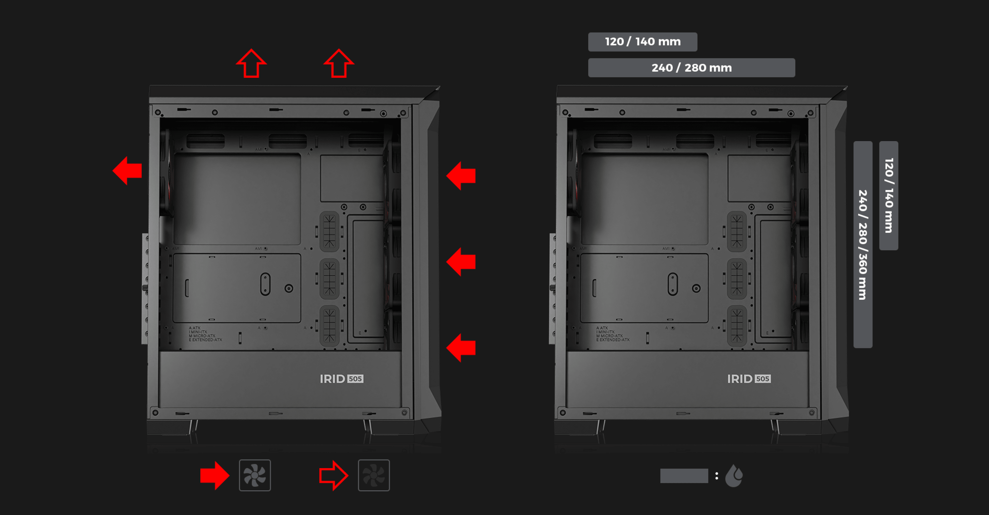 Caja Genesis Irid 505 ARGB V2 Midi Tower negra con ventana transparente, con opciones de instalación de ventiladores y detalles de distribución interna