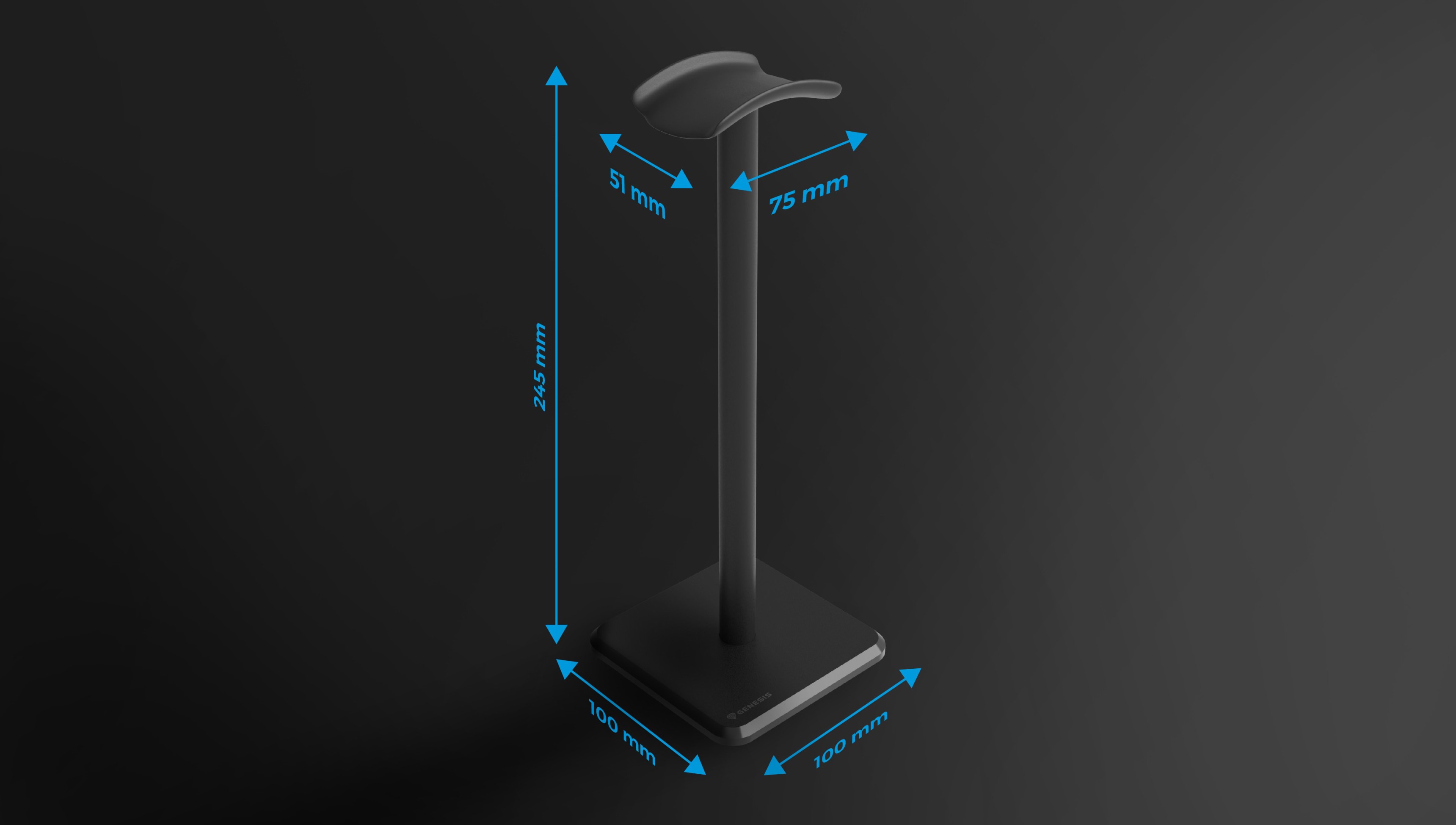 Soporte negro para auriculares Genesis Thulium 100, con una base resistente y un diseño elegante, con dimensiones visibles como referencia