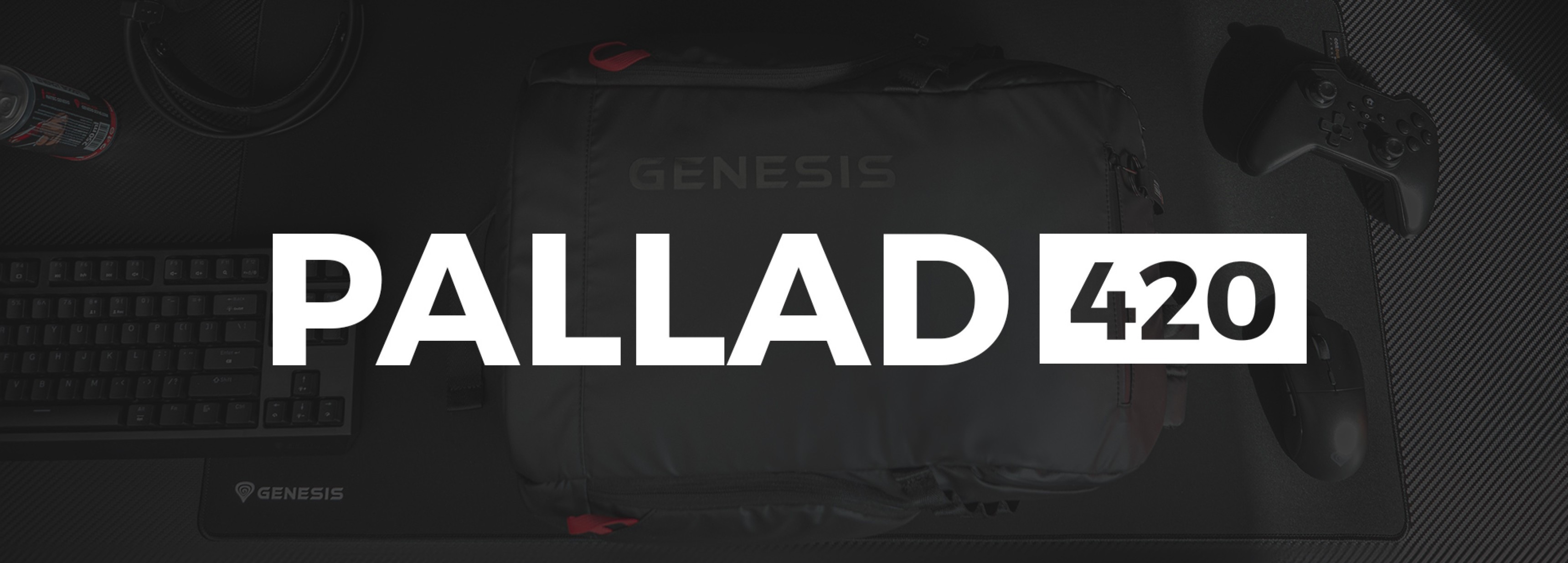 Mochila para portátil Genesis Pallad 420 negra, diseñada para portátiles de 15,6", con una capacidad de 18L, colocada sobre una mesa de juego