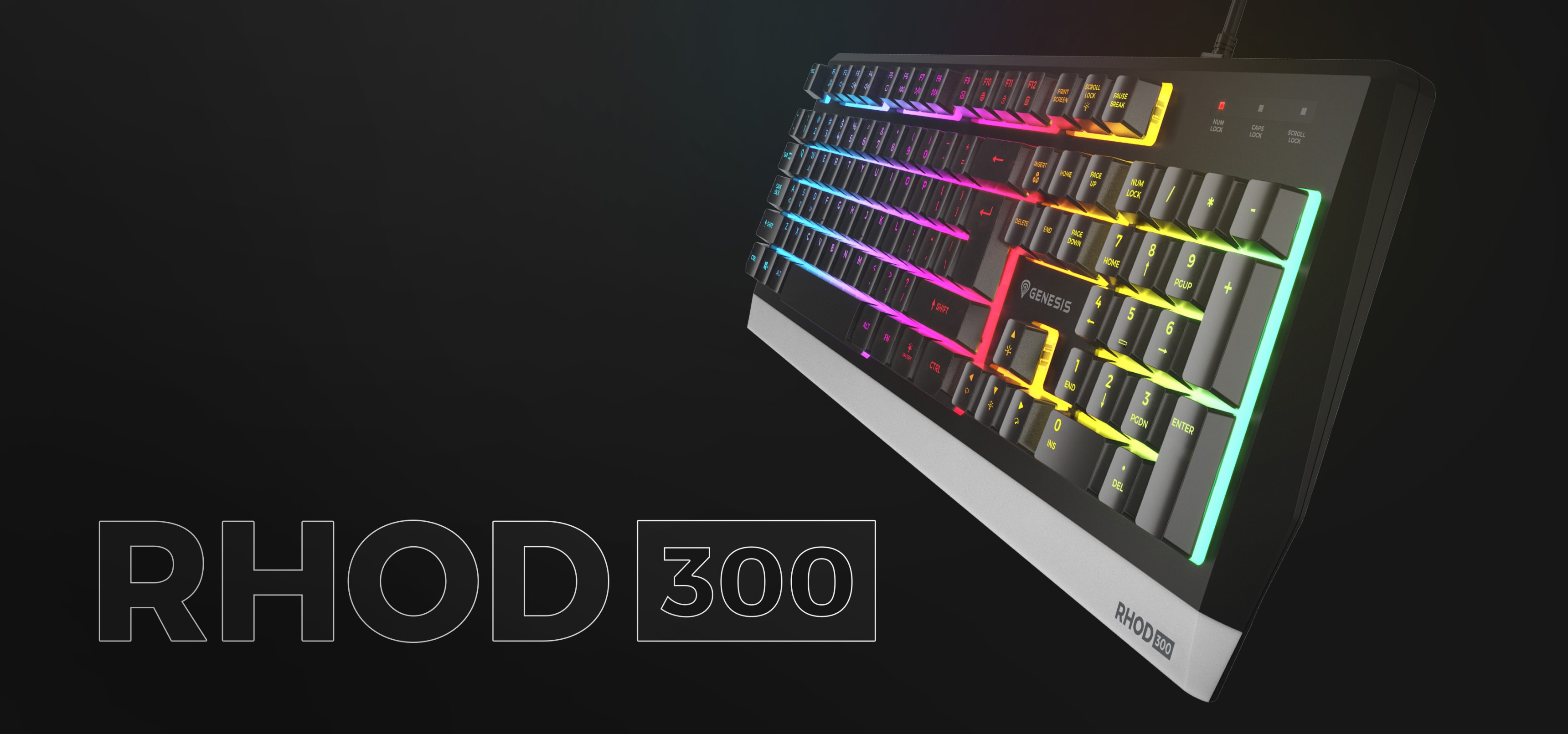 Colorido teclado para juegos RGB Genesis Rhod 300 con teclas iluminadas, vista en ángulo que muestra vibrantes efectos de iluminación