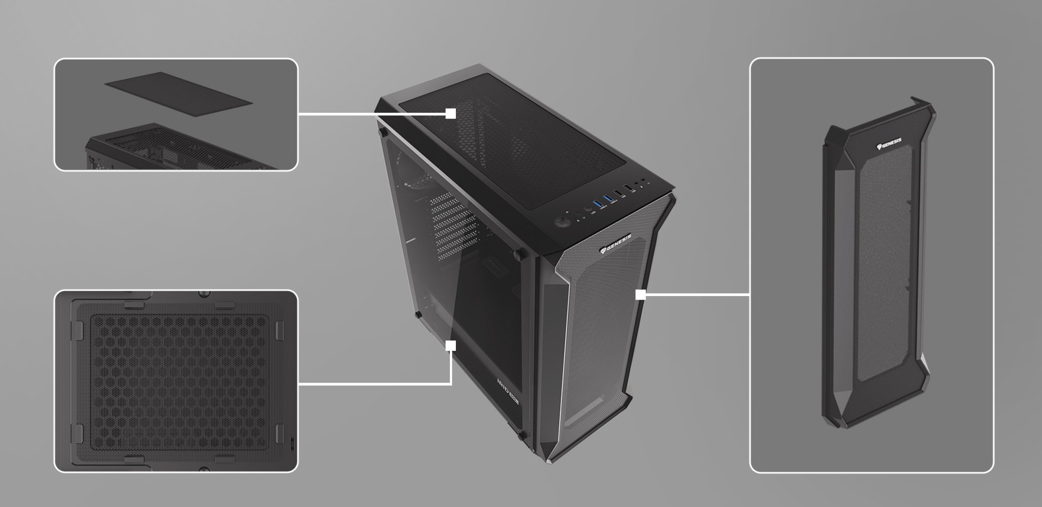 Caja torre MIDI Genesis Irid 505 V2 negra con panel lateral transparente y componentes resaltados para el montaje