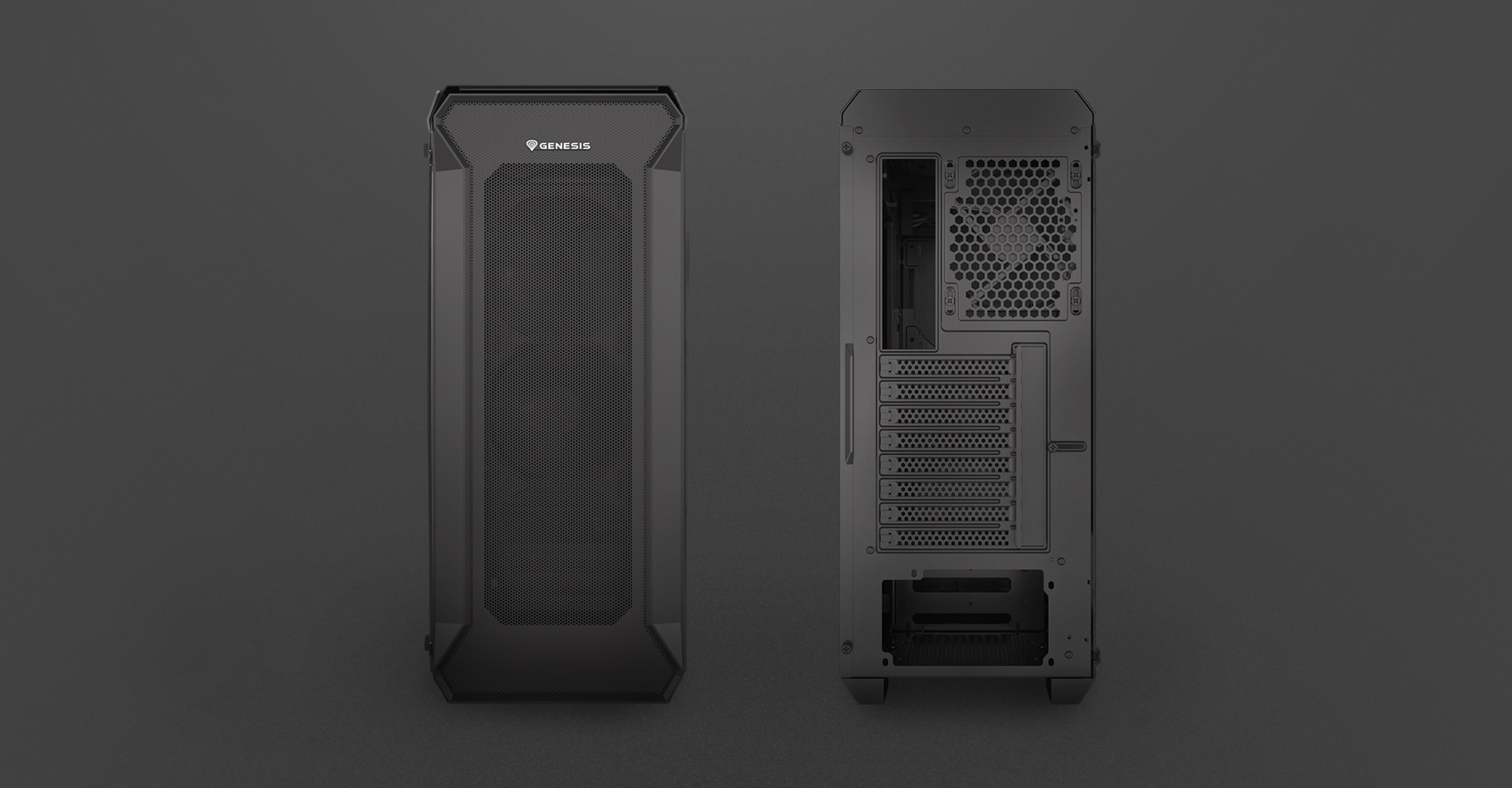 Carcasa de PC torre Genesis Irid 505 V2 MIDI negra con panel lateral transparente y rejillas de ventilación