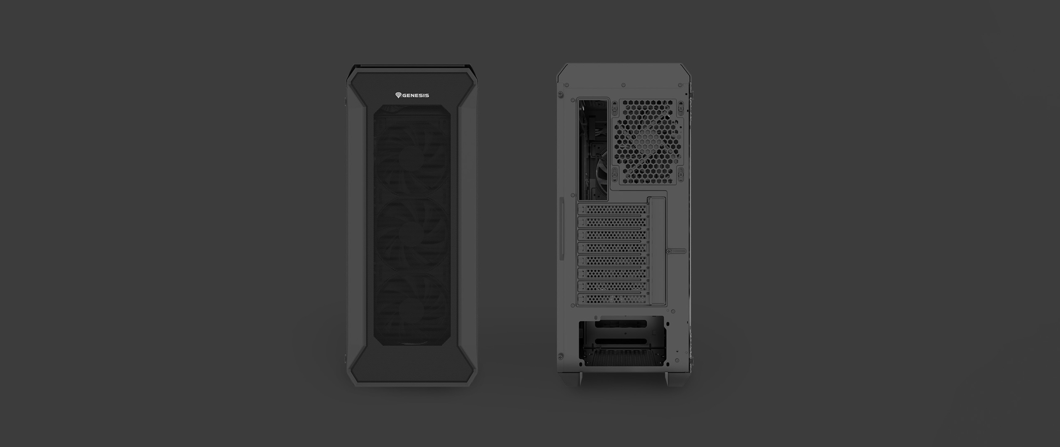 Carcasa torre MIDI Genesis Irid 505F negra con panel lateral transparente y varias opciones de conectividad trasera