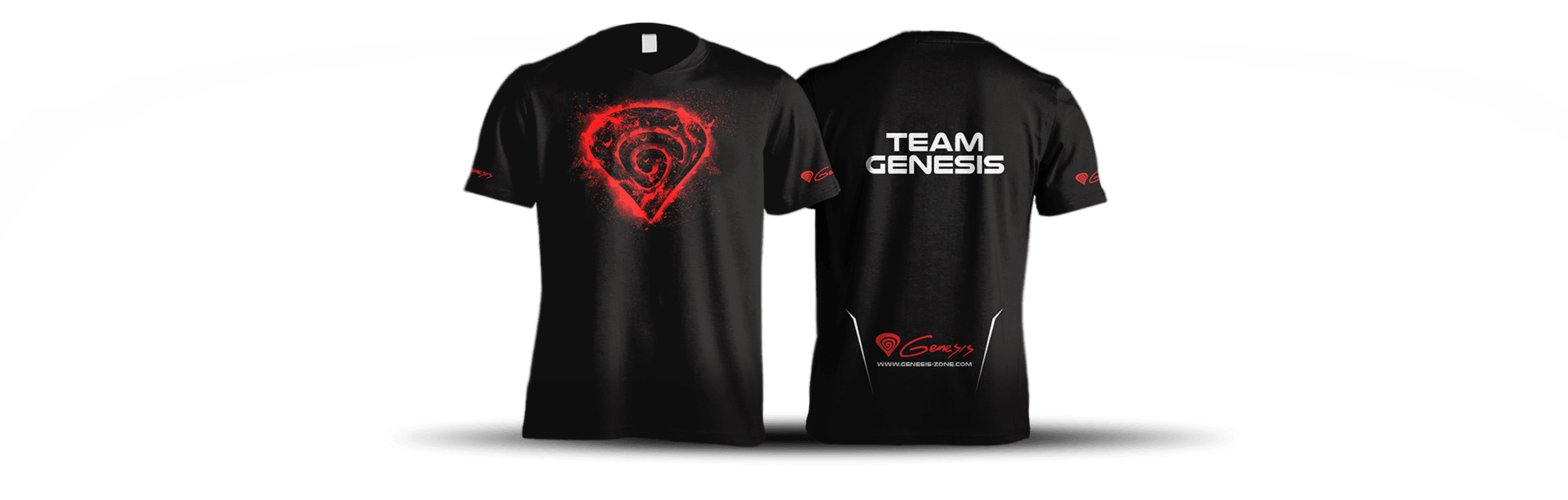 Camiseta negra con el logotipo de un oso rojo en la parte delantera y el texto "TEAM GENESIS" en la espalda. Talla S