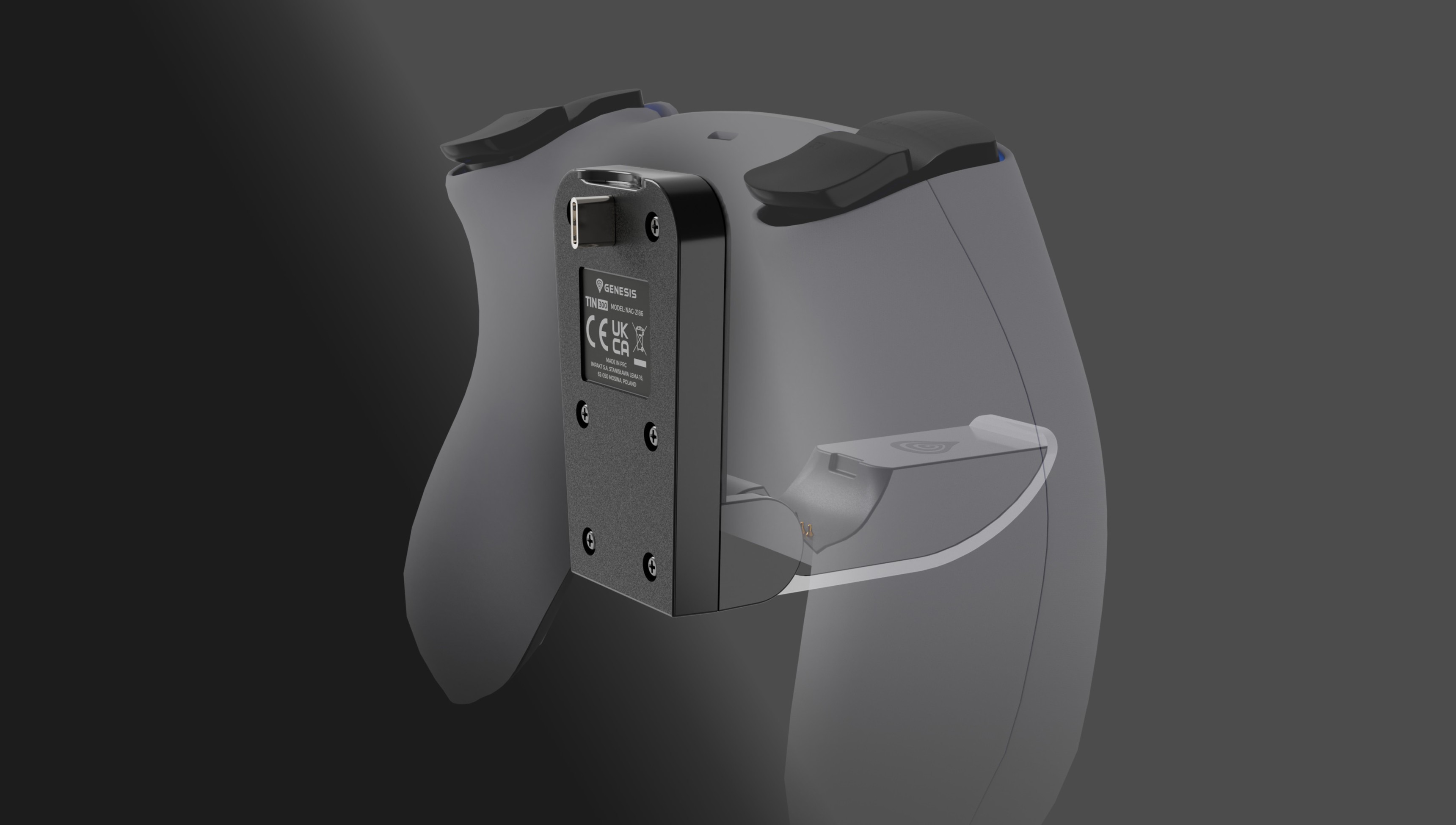 Cargador para el mando Genesis Tin 300 compatible con PS5, que muestra un puerto de conexión y alineación en la parte posterior del mando