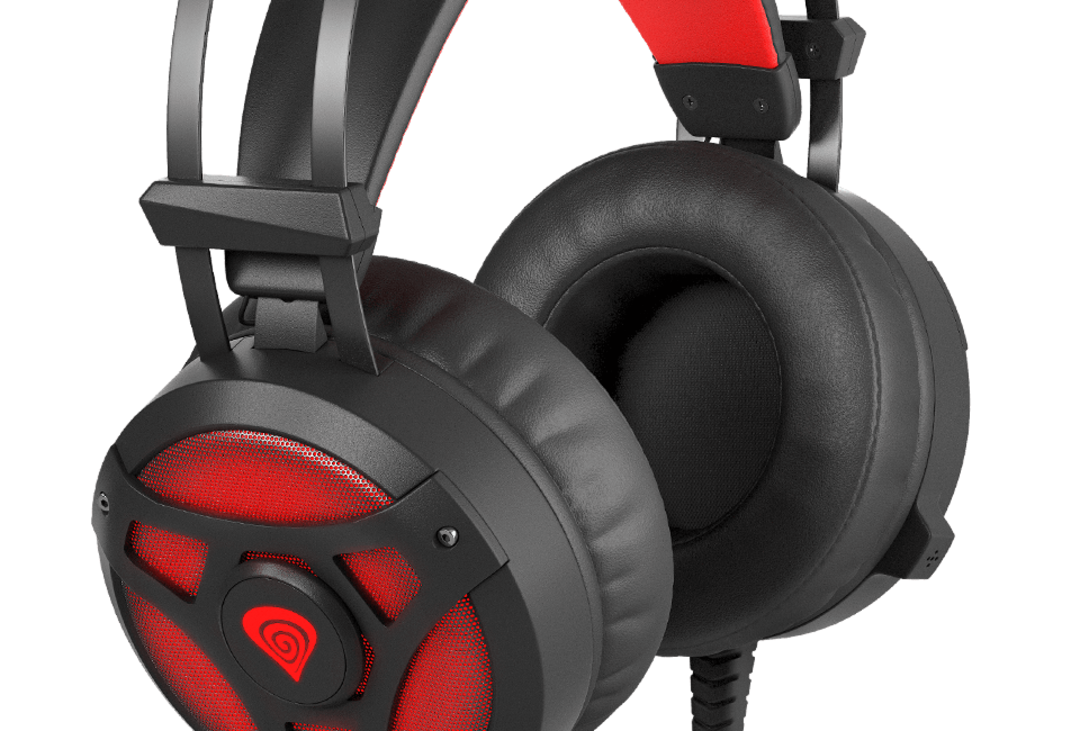 Auriculares over-ear negros y rojos con micrófono y diseño iluminado, con orejeras acolchadas para mayor comodidad