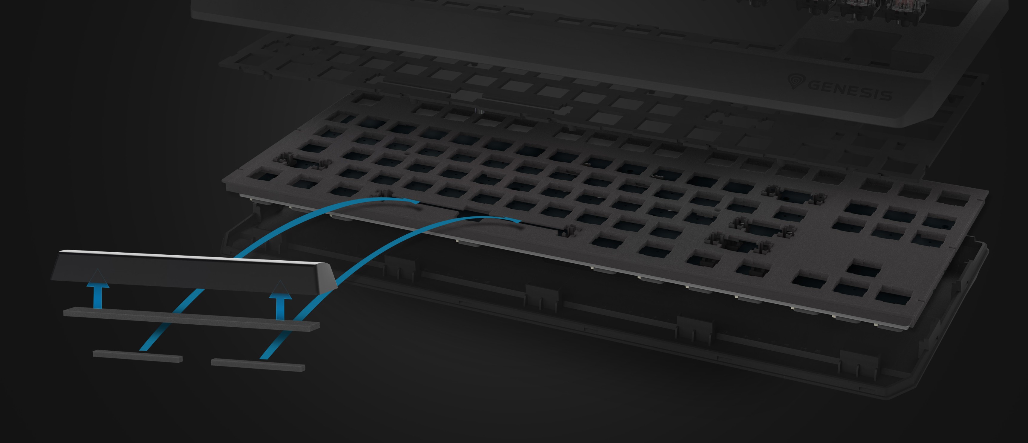 Primer plano del teclado mecánico Genesis Thor 230 TKL Lite, en el que destacan sus interruptores de teclas intercambiables en caliente y su diseño negro