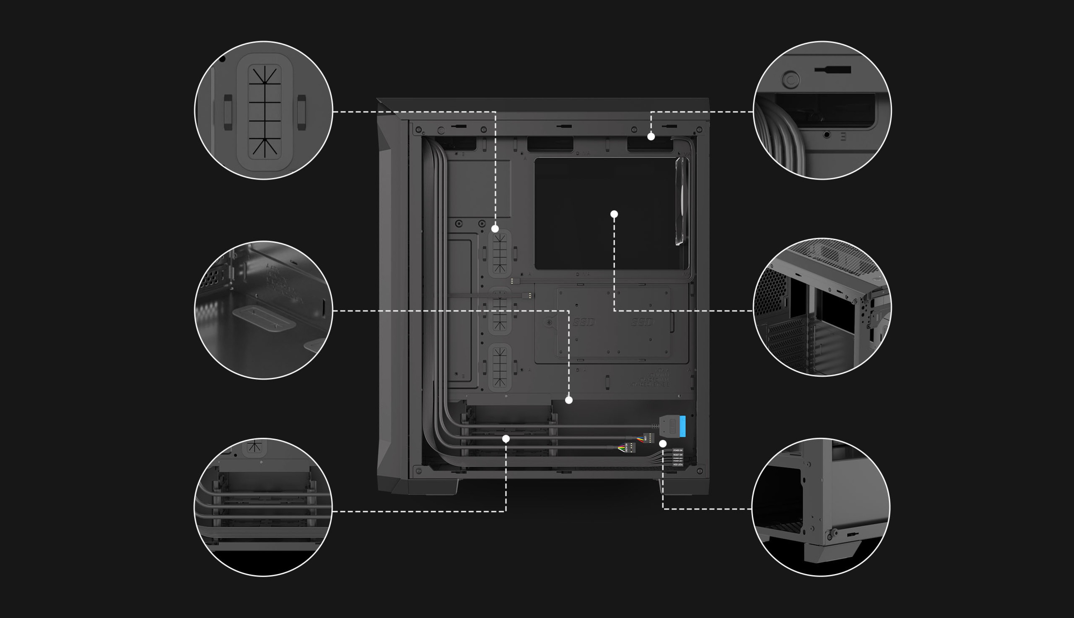 Caja Genesis Irid 505F Midi Tower negra con ventana lateral, que muestra la distribución interna y las características de diseño