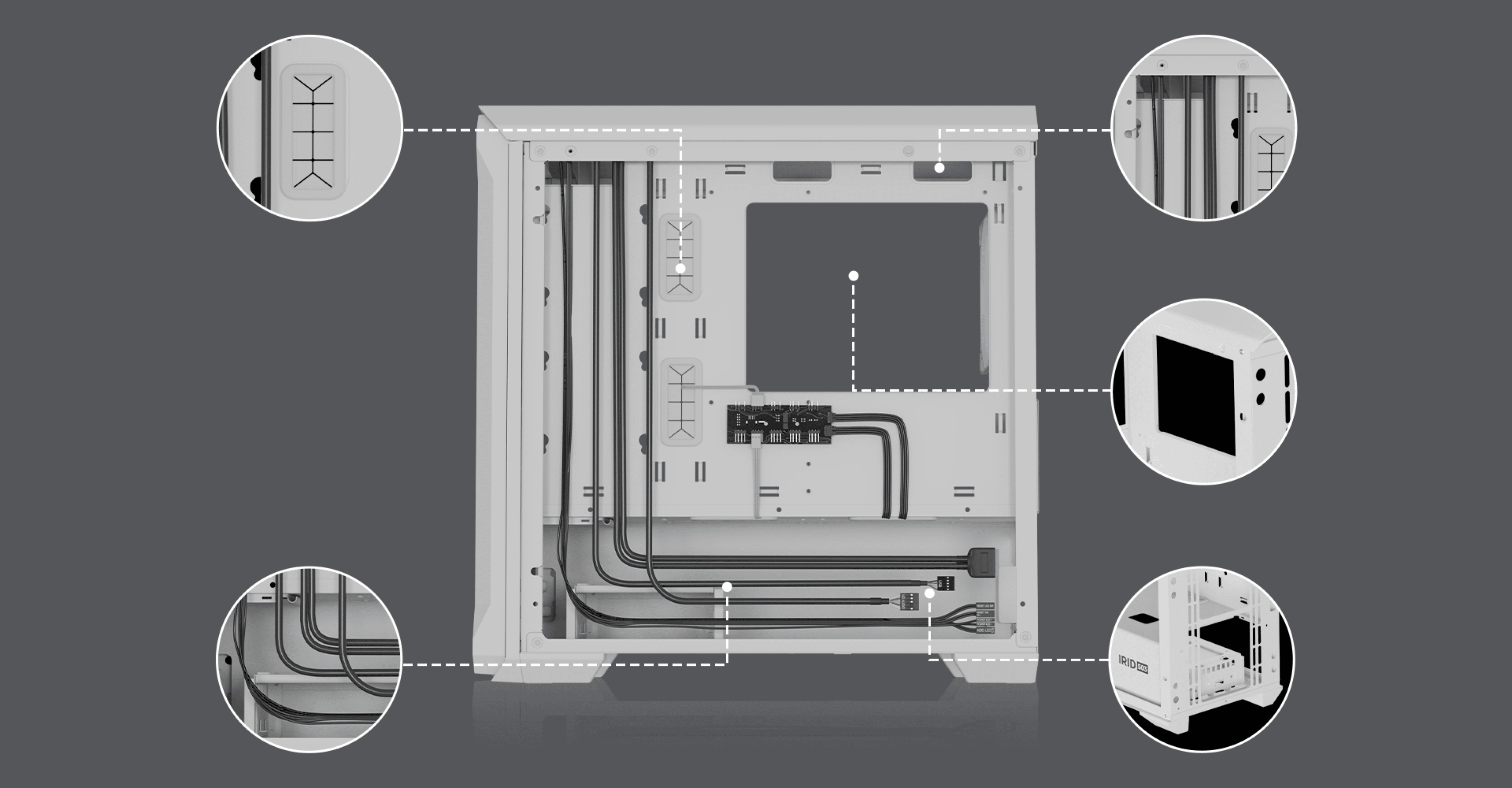 La carcasa mini torre Genesis Irid 503 ARGB Lite MATX blanca presenta un diseño abierto con opciones de gestión de cables y una gran ventana lateral