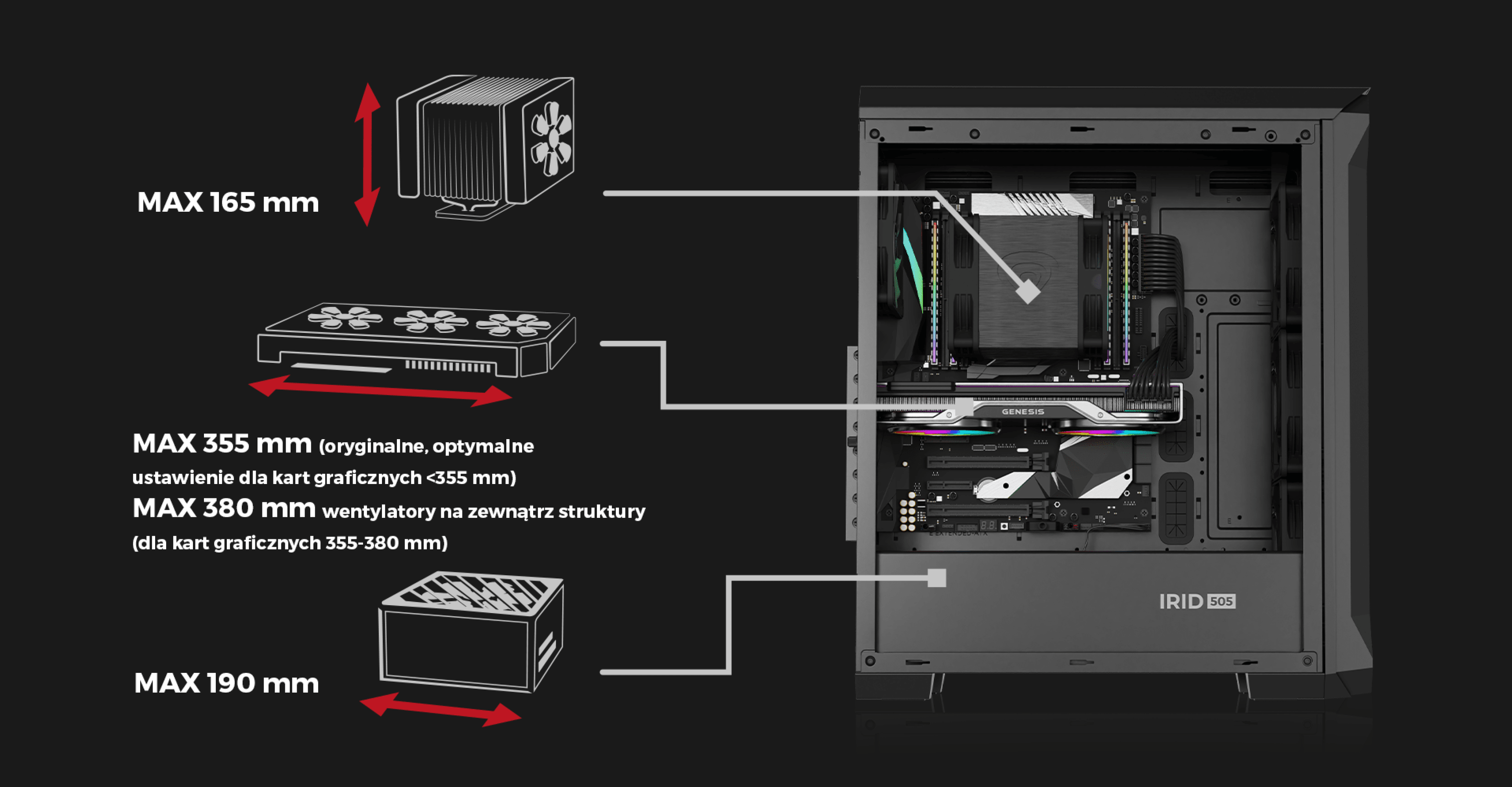 Caja torre midi Genesis Irid 505 ARGB V2 negra con componentes de tamaño máximo perfilados para refrigeración y tarjetas gráficas